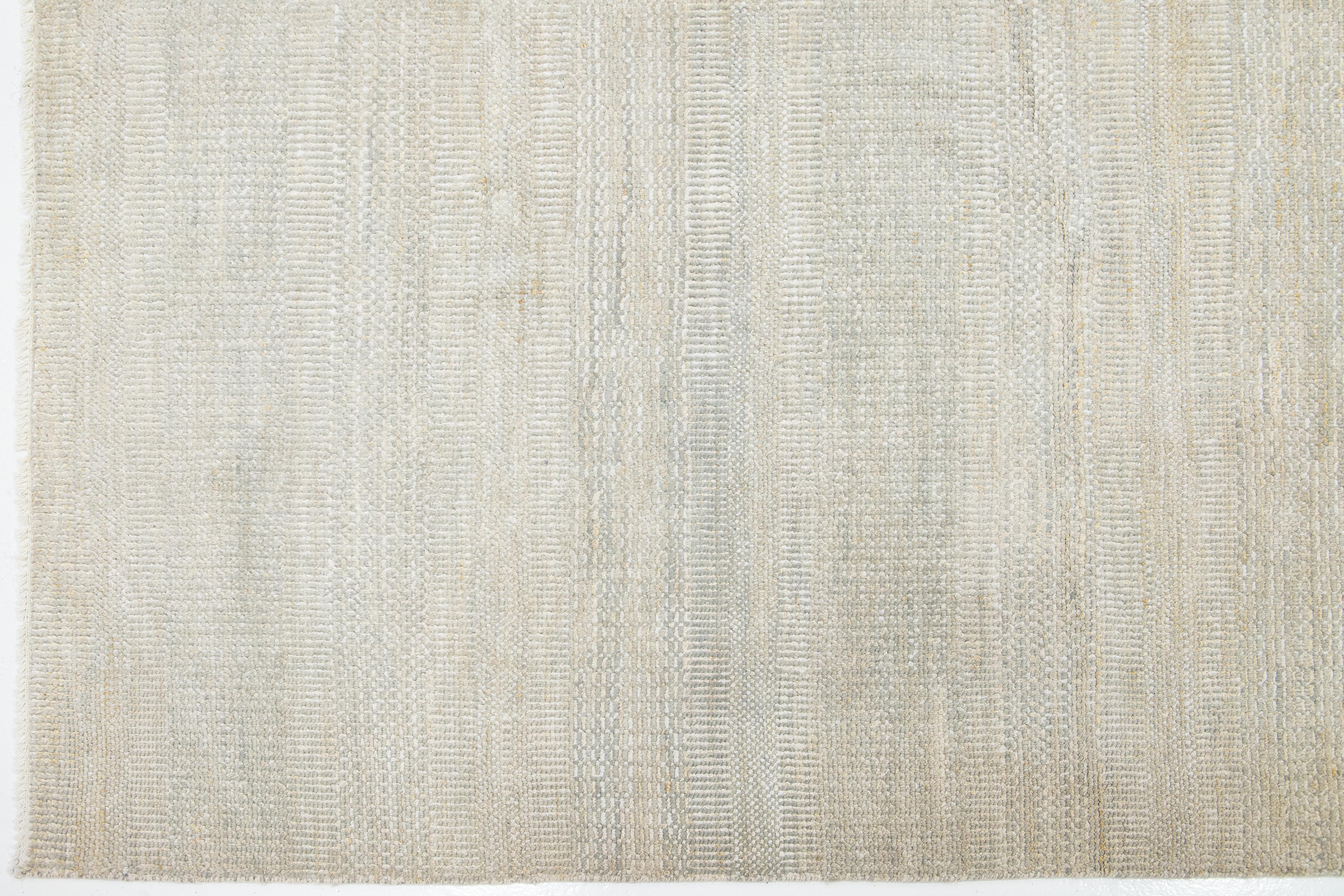 Hand-Knotted Minimalist Handmade Room Size Wool Rug In Beige and Gray For Sale