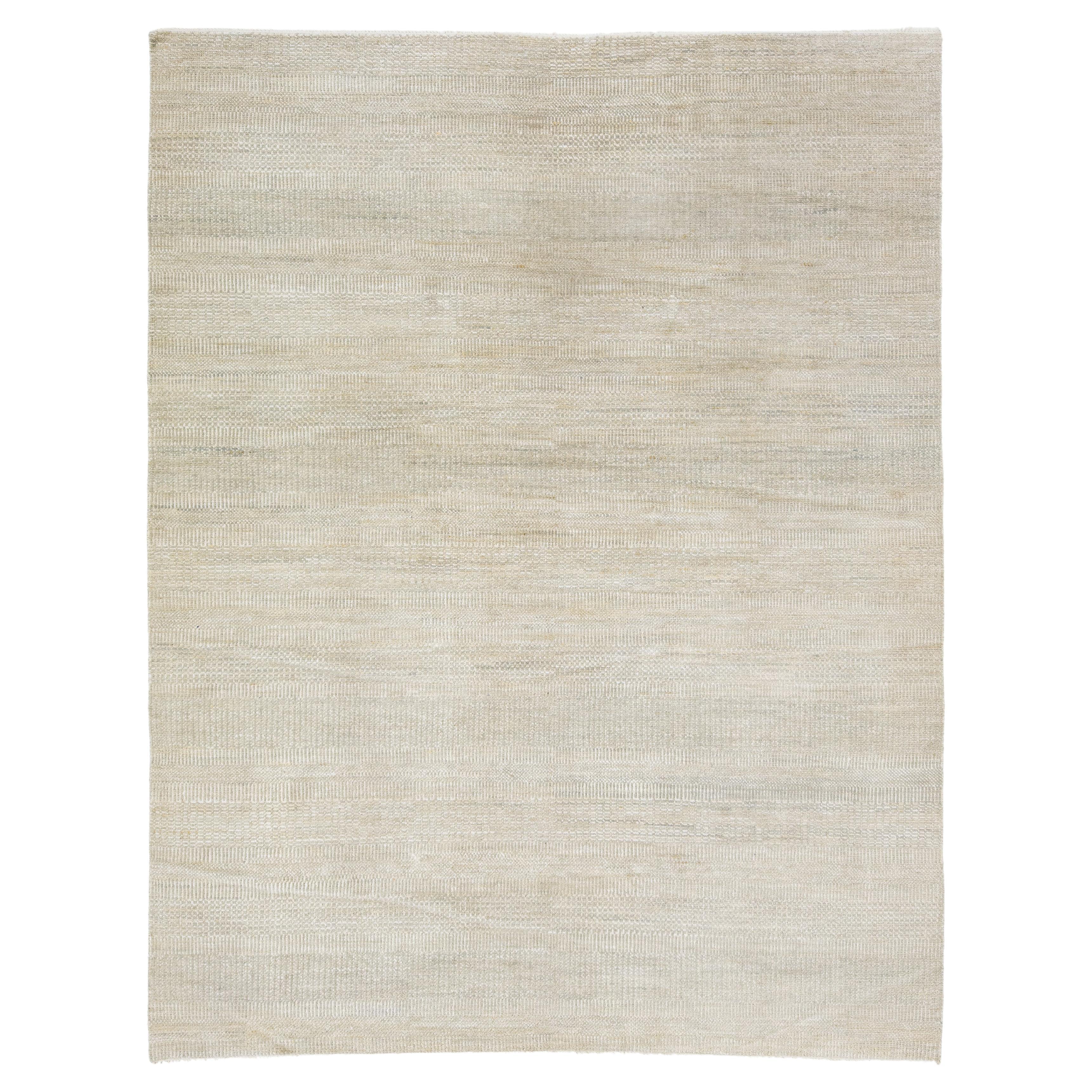 Minimalist Handmade Room Size Wool Rug In Beige and Gray For Sale