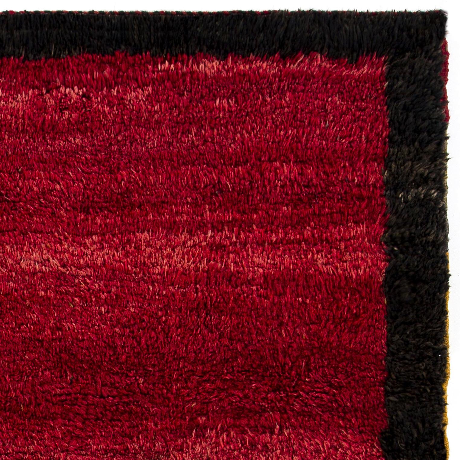 Hand-Knotted Minimalist Handmade Tulu Rug with Border. Red Color Handknotted Carpet. All Wool For Sale