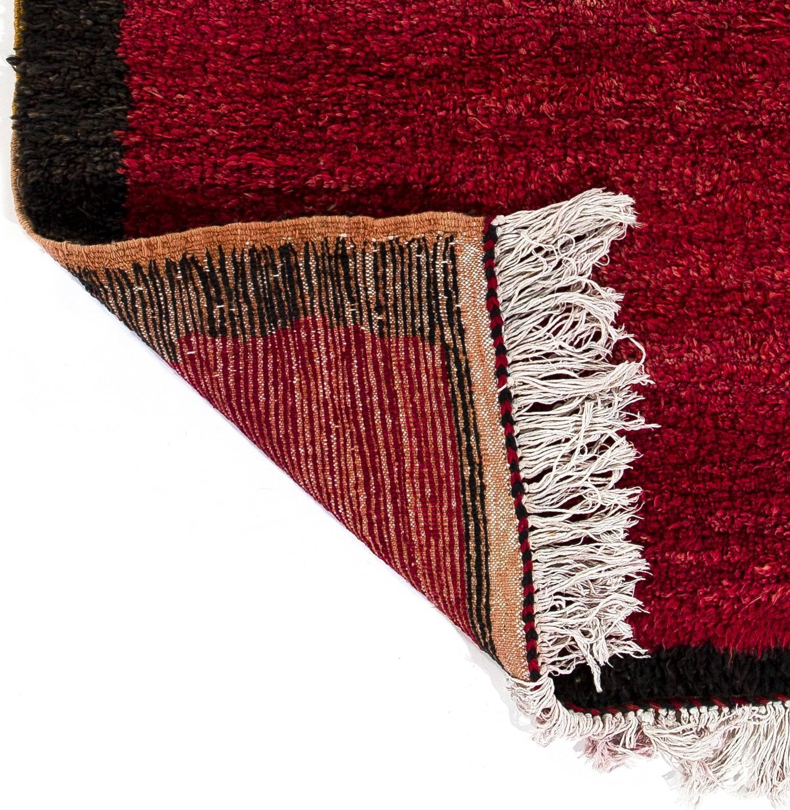 Contemporary Minimalist Handmade Tulu Rug with Border. Red Color Handknotted Carpet. All Wool For Sale