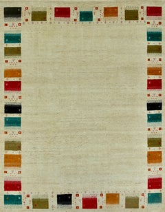 Minimalist Handmade Wool Rug with Decorative Tribal-Inspired Border