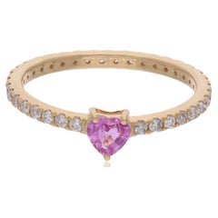 Minimalist Heart Cut Pink Gemstone Diamond Band Ring 14 Karat Yellow Gold