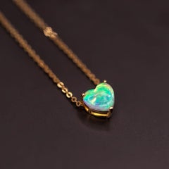 Minimalist Heart Shaped Australian Solid Opal Necklace 14k Yellow Gold