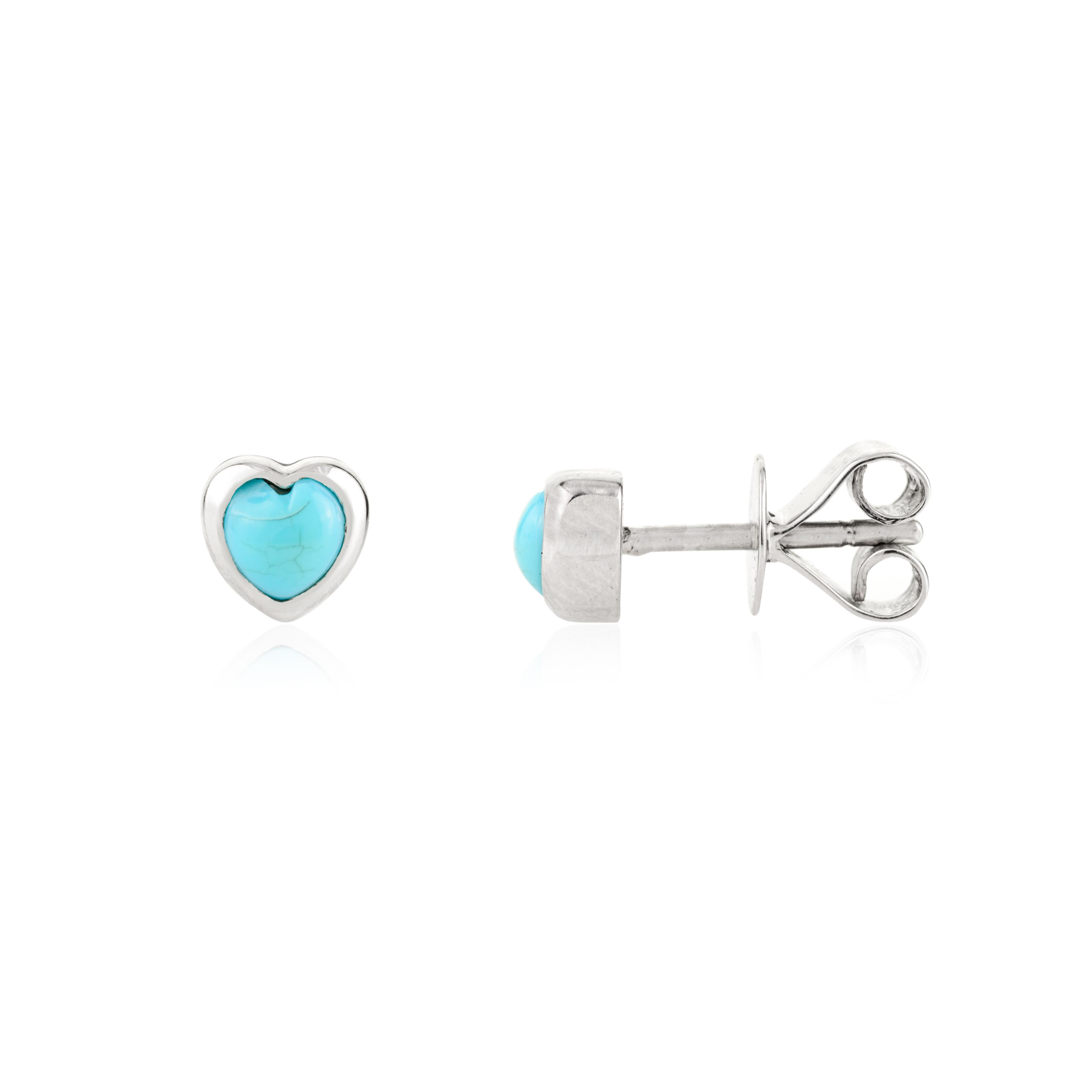 Modern Minimalist Heart-Shaped Turquoise Stud Earrings in 14K White Gold Gift for Her For Sale