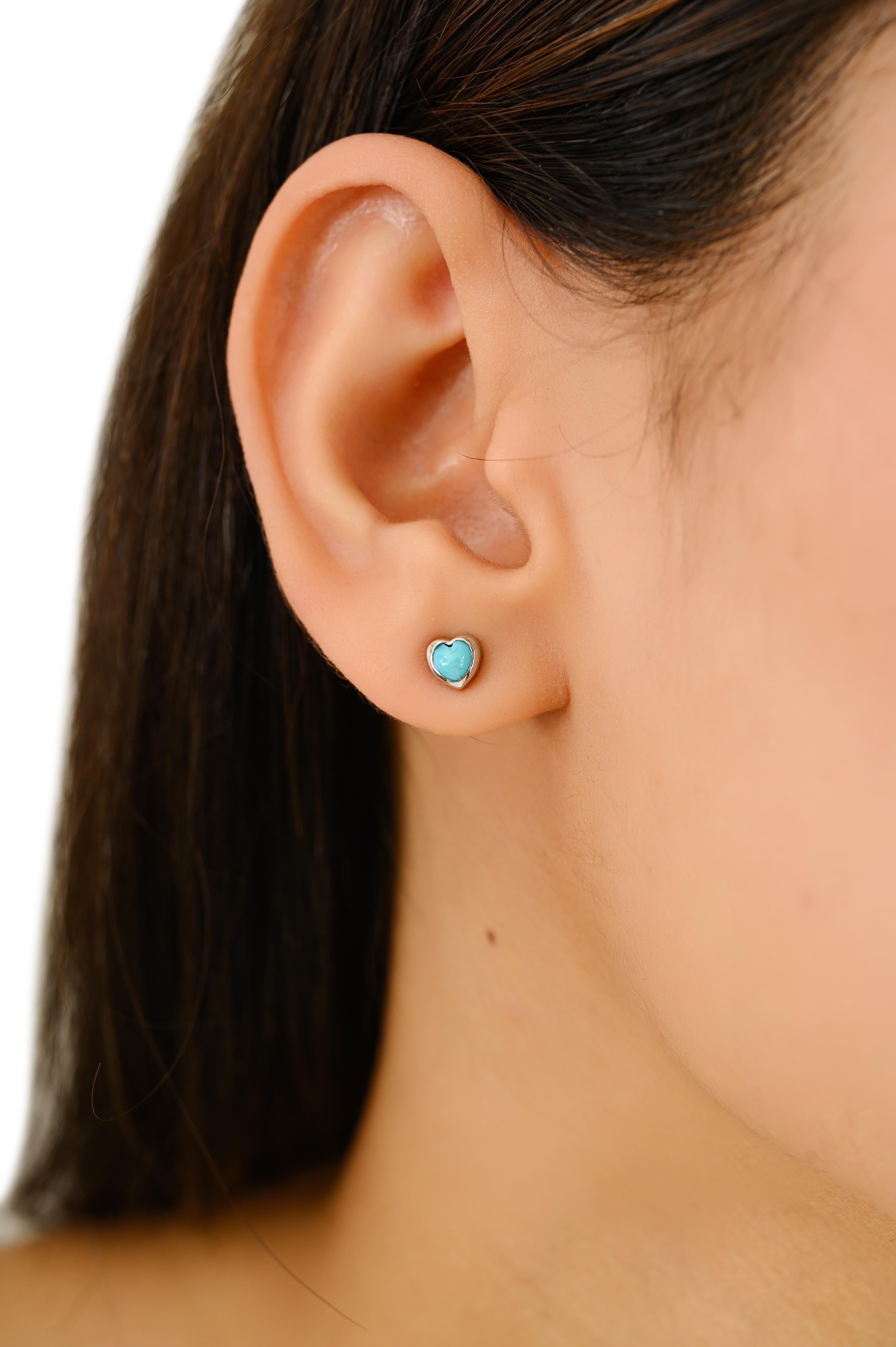 Heart Cut Minimalist Heart-Shaped Turquoise Stud Earrings in 14K White Gold Gift for Her For Sale