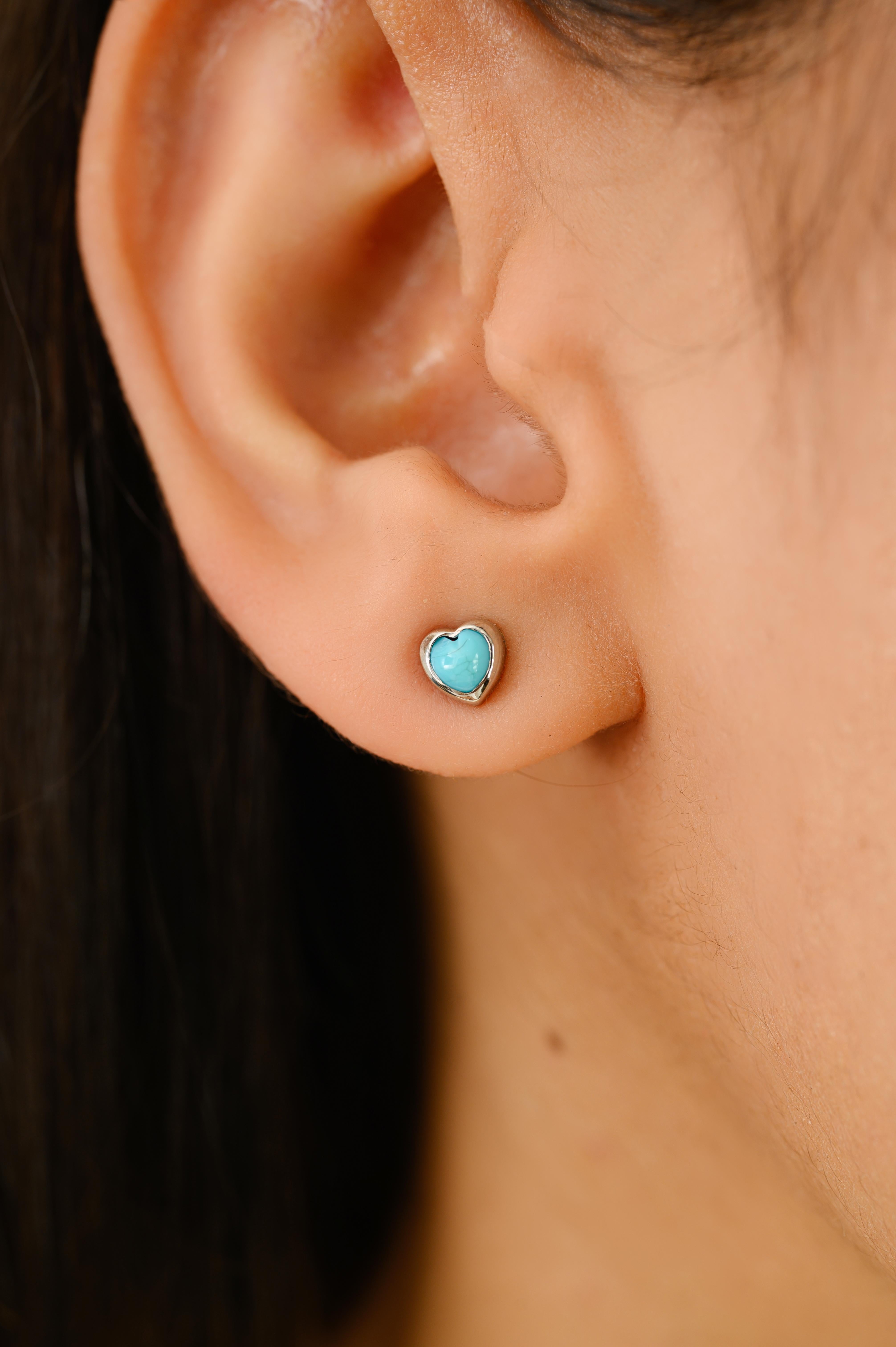 Women's Minimalist Heart-Shaped Turquoise Stud Earrings in 14K White Gold Gift for Her For Sale