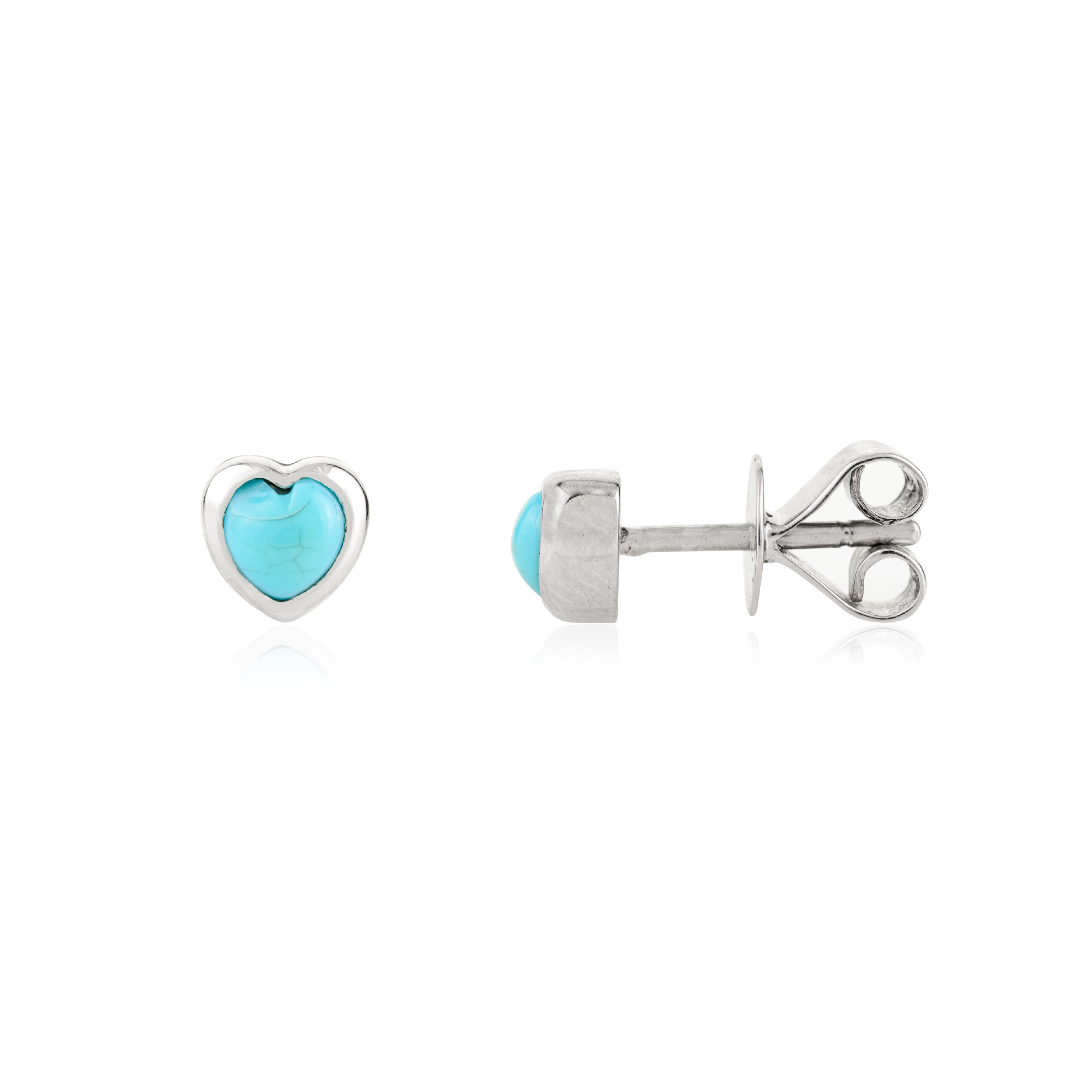 Minimalist Heart-Shaped Turquoise Stud Earrings in 14K White Gold Gift for Her For Sale 1