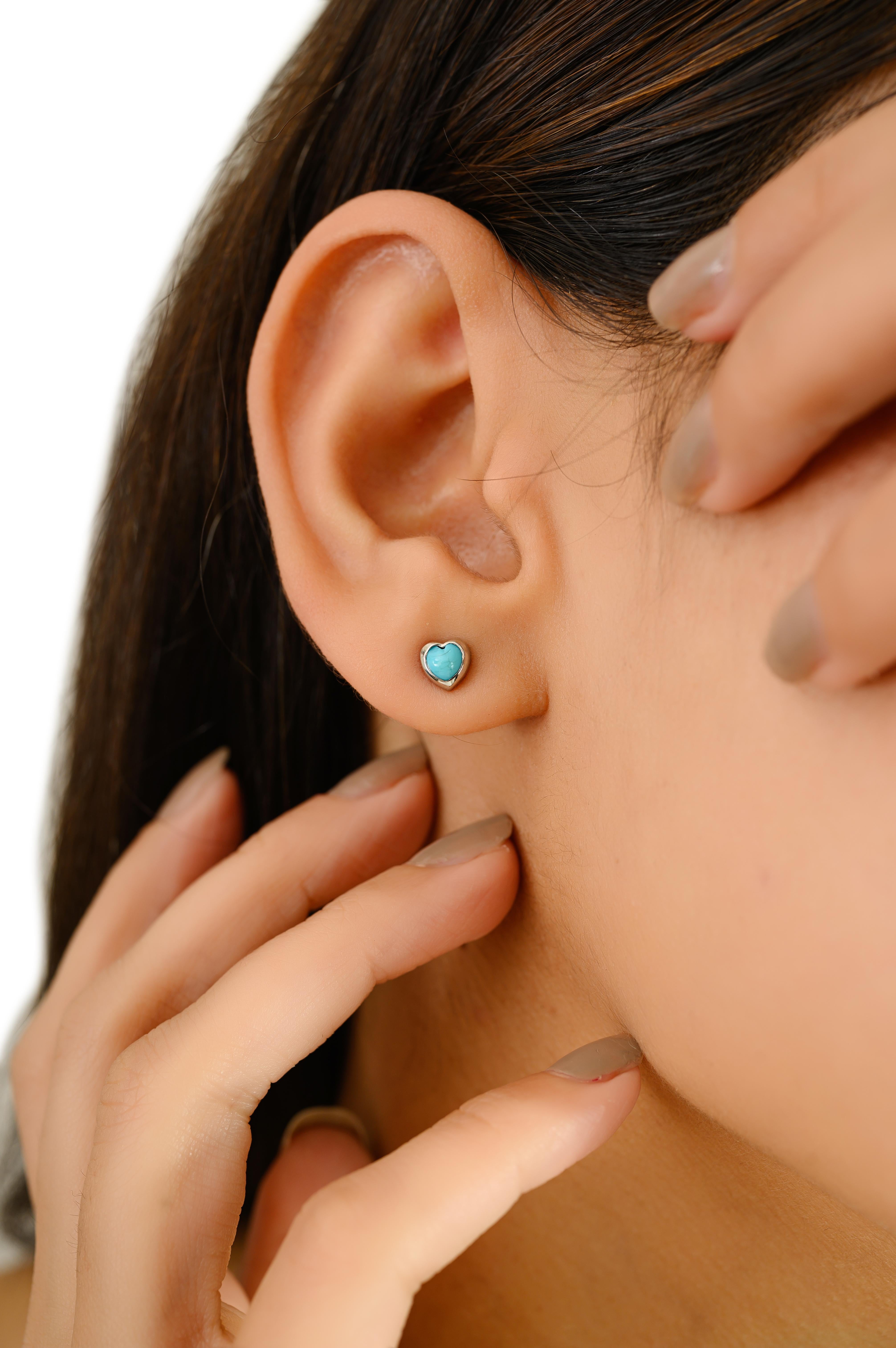 Minimalist Heart-Shaped Turquoise Stud Earrings in 14K White Gold Gift for Her For Sale 2