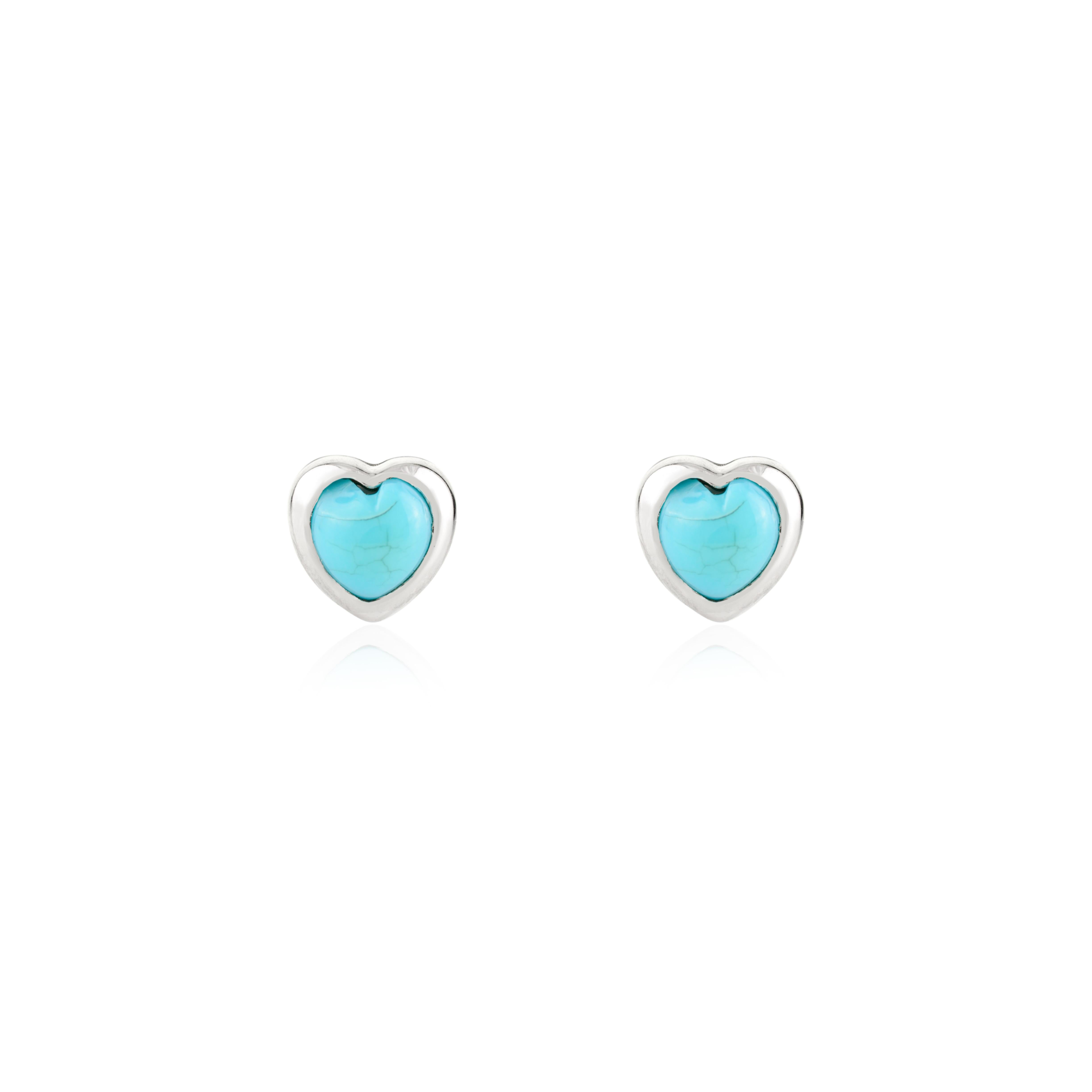 Minimalist Heart-Shaped Turquoise Stud Earrings in 14K White Gold Gift for Her For Sale 3
