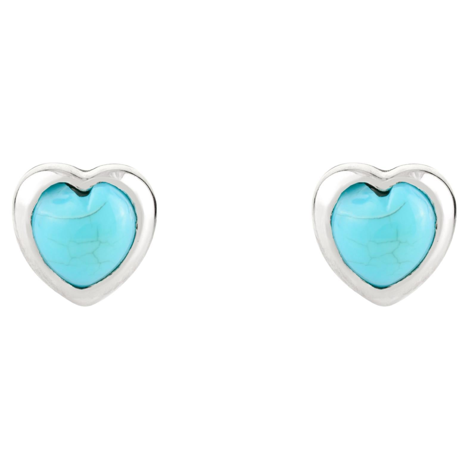 Minimalist Heart-Shaped Turquoise Stud Earrings in 14K White Gold Gift for Her For Sale