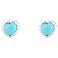 Minimalist Heart-Shaped Turquoise Stud Earrings in 14K White Gold Gift for Her