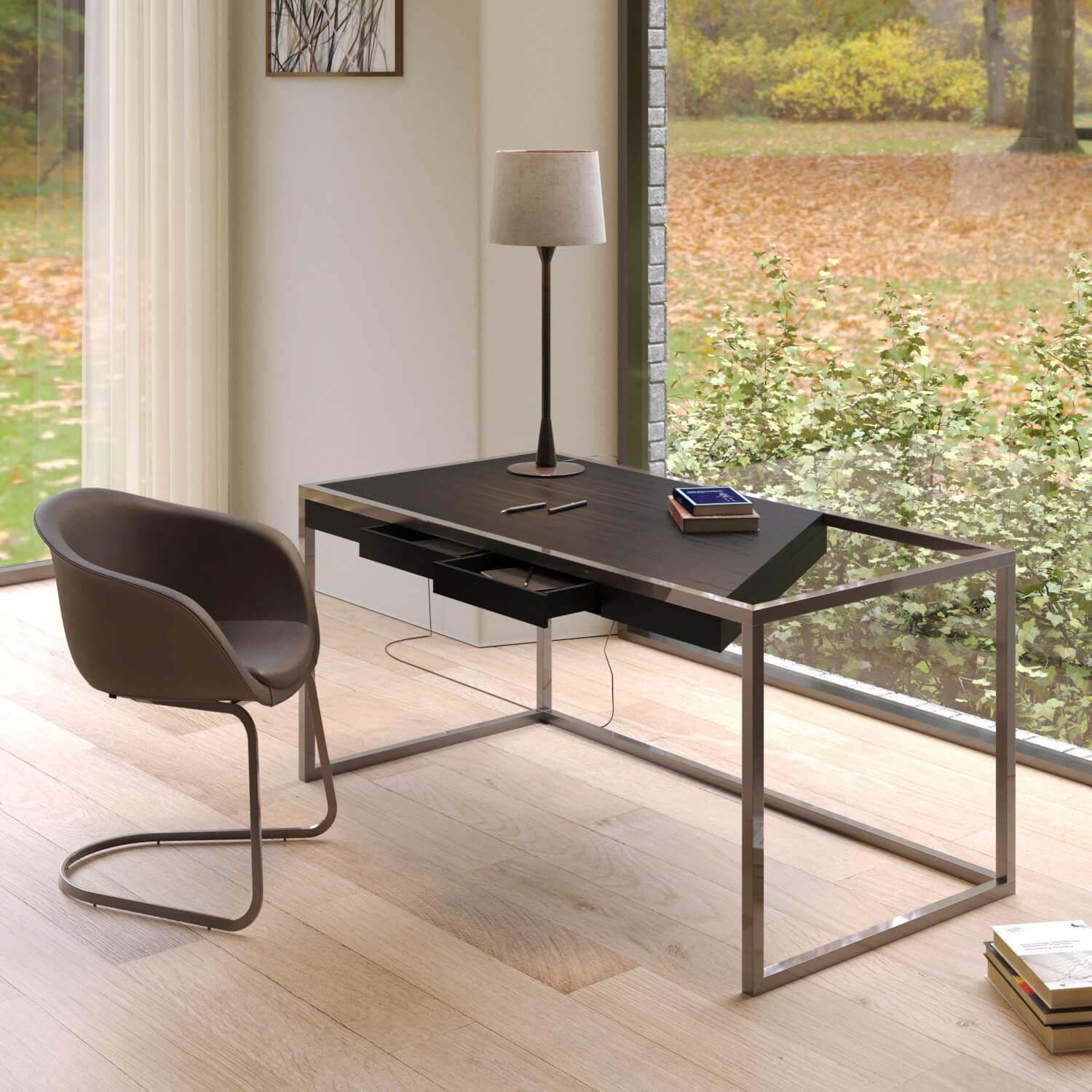 Bureau de bureau moderne et minimaliste à la maison en bois de chêne et acier inoxydable brossé en vente 12