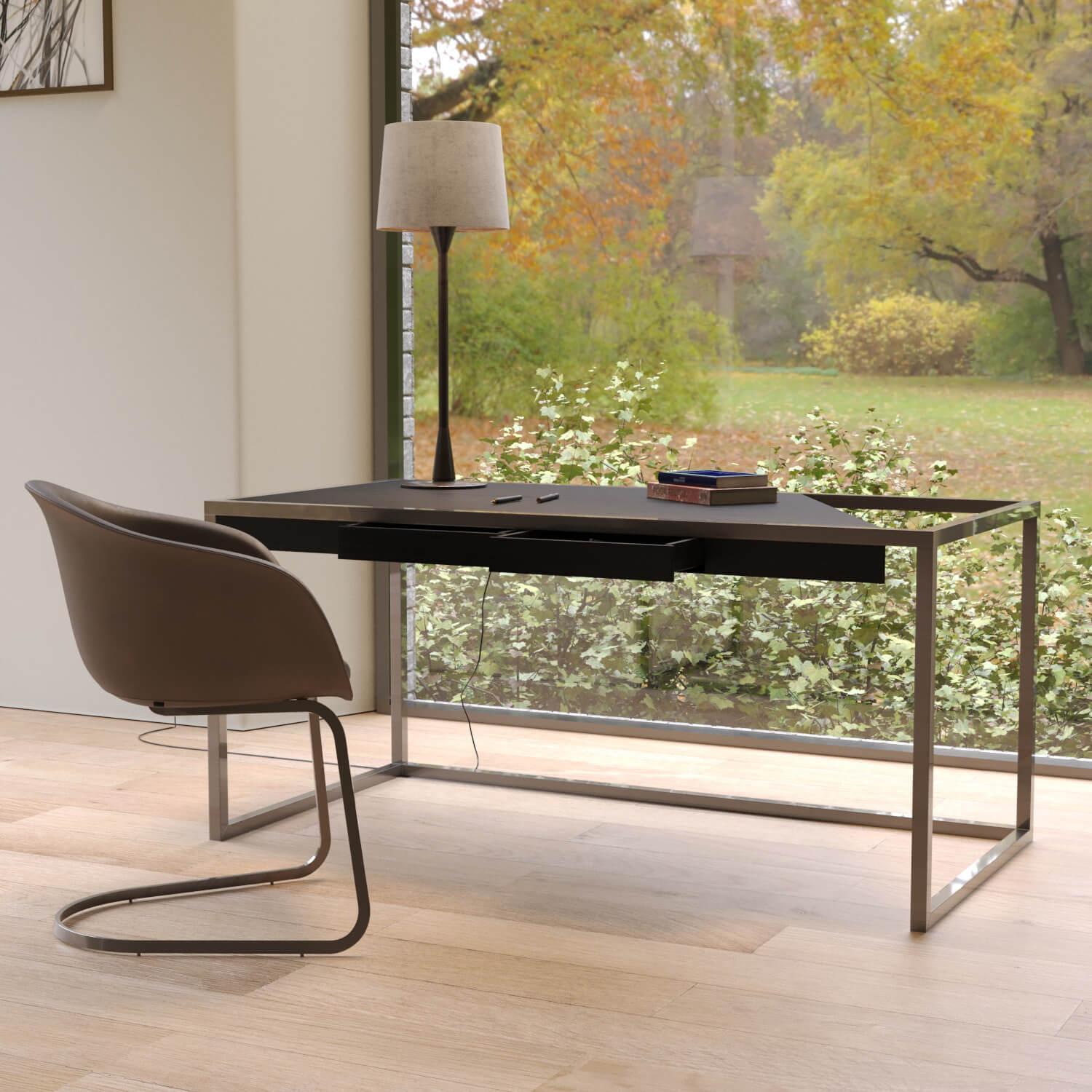 Moderner minimalistischer Schreibtisch für das Home Office aus Nussbaumholz und gebürstetem Messing im Angebot 12