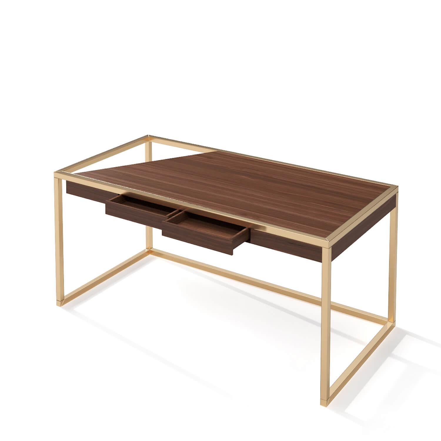 Modern Minimalist Home Office Writing Desk in Walnut Wood and Brushed Brass In New Condition For Sale In Vila Nova Famalicão, PT
