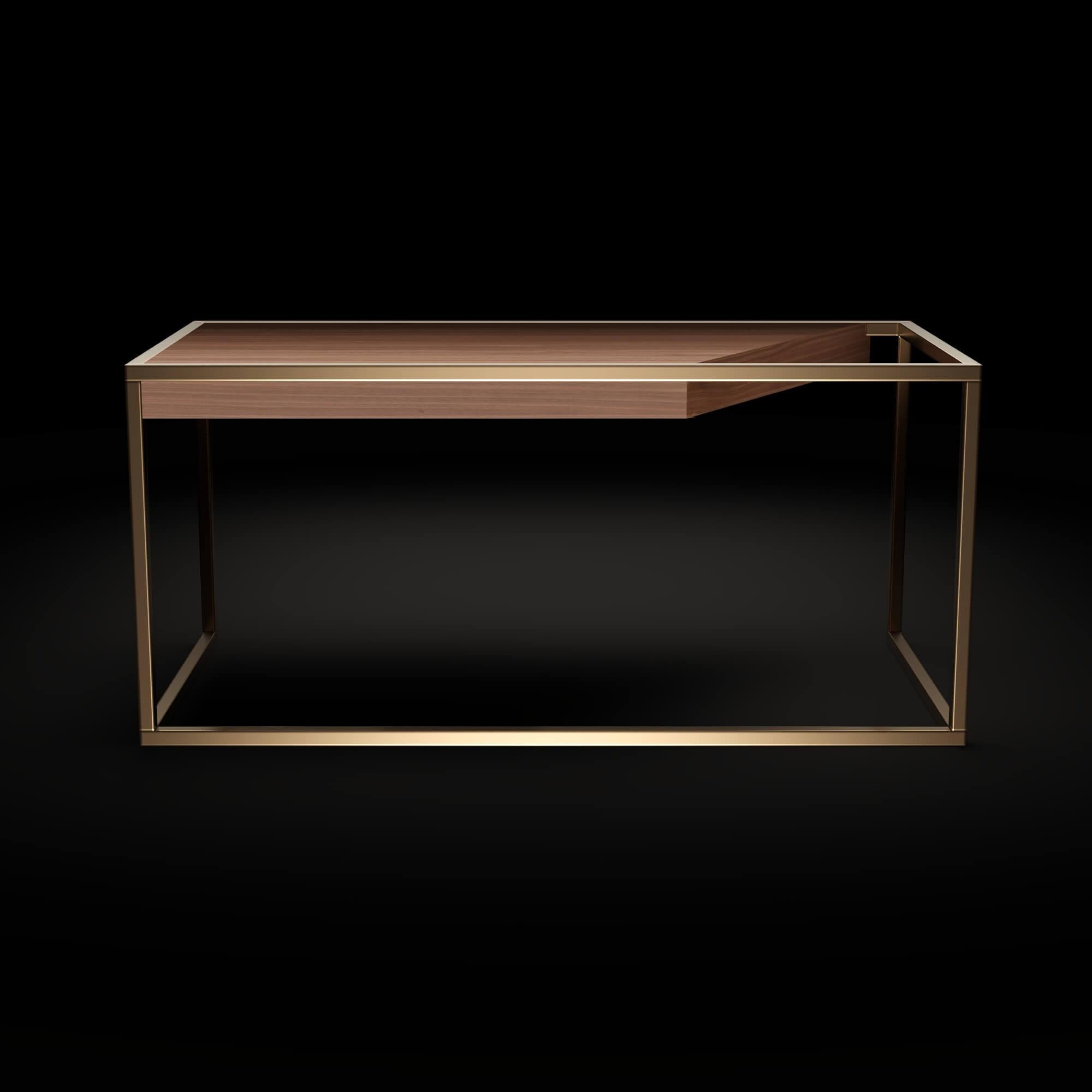 Modern Minimalist Home Office Writing Desk in Walnut Wood and Brushed Brass For Sale 2