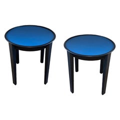 Minimalist Indigo Blue Enameled Glass Top Low End Tables, Italy, 1980s