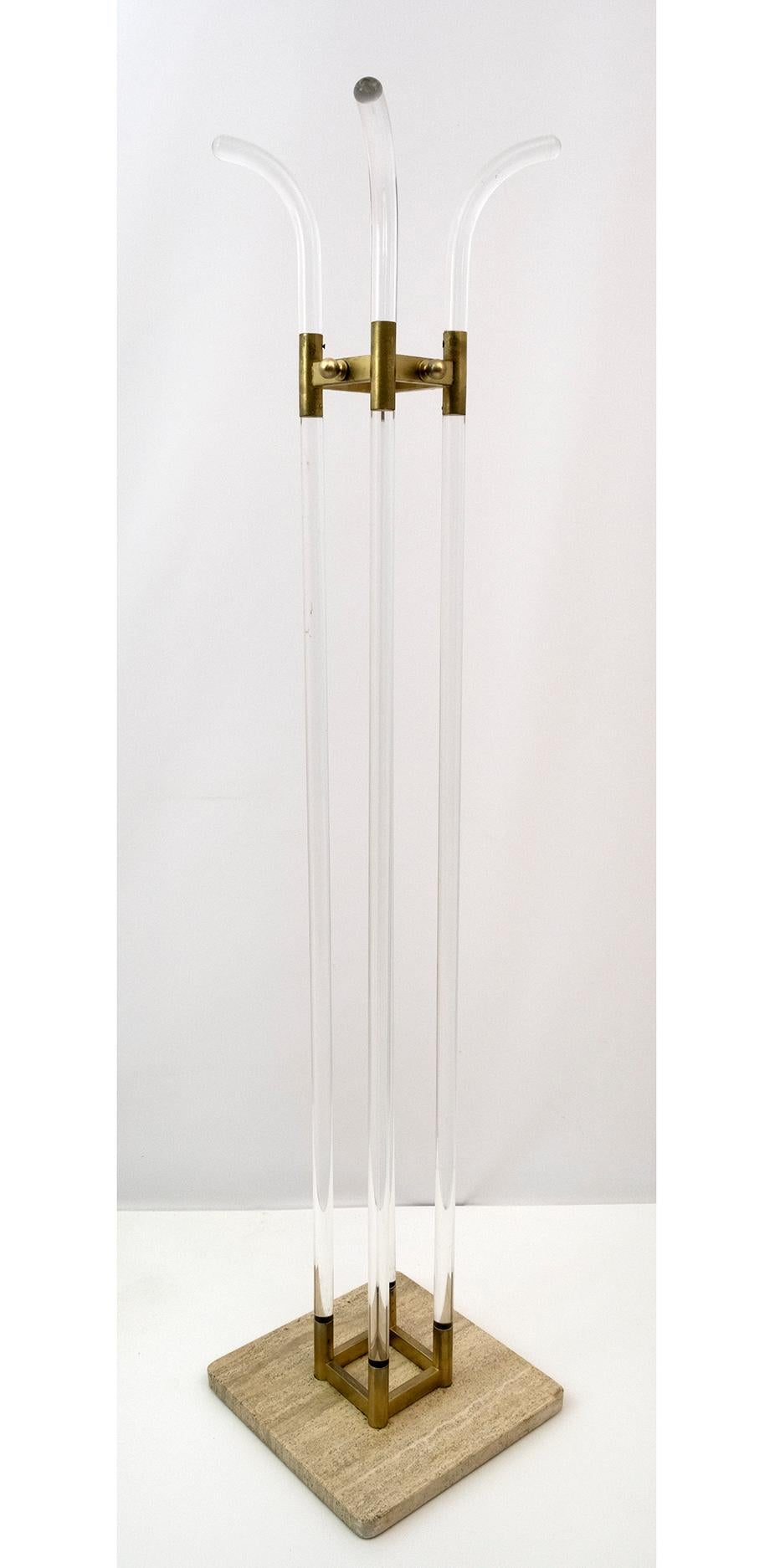 Minimalist coat hanger plexiglass, golden metal and travertine base, Italian production from the 1960s.