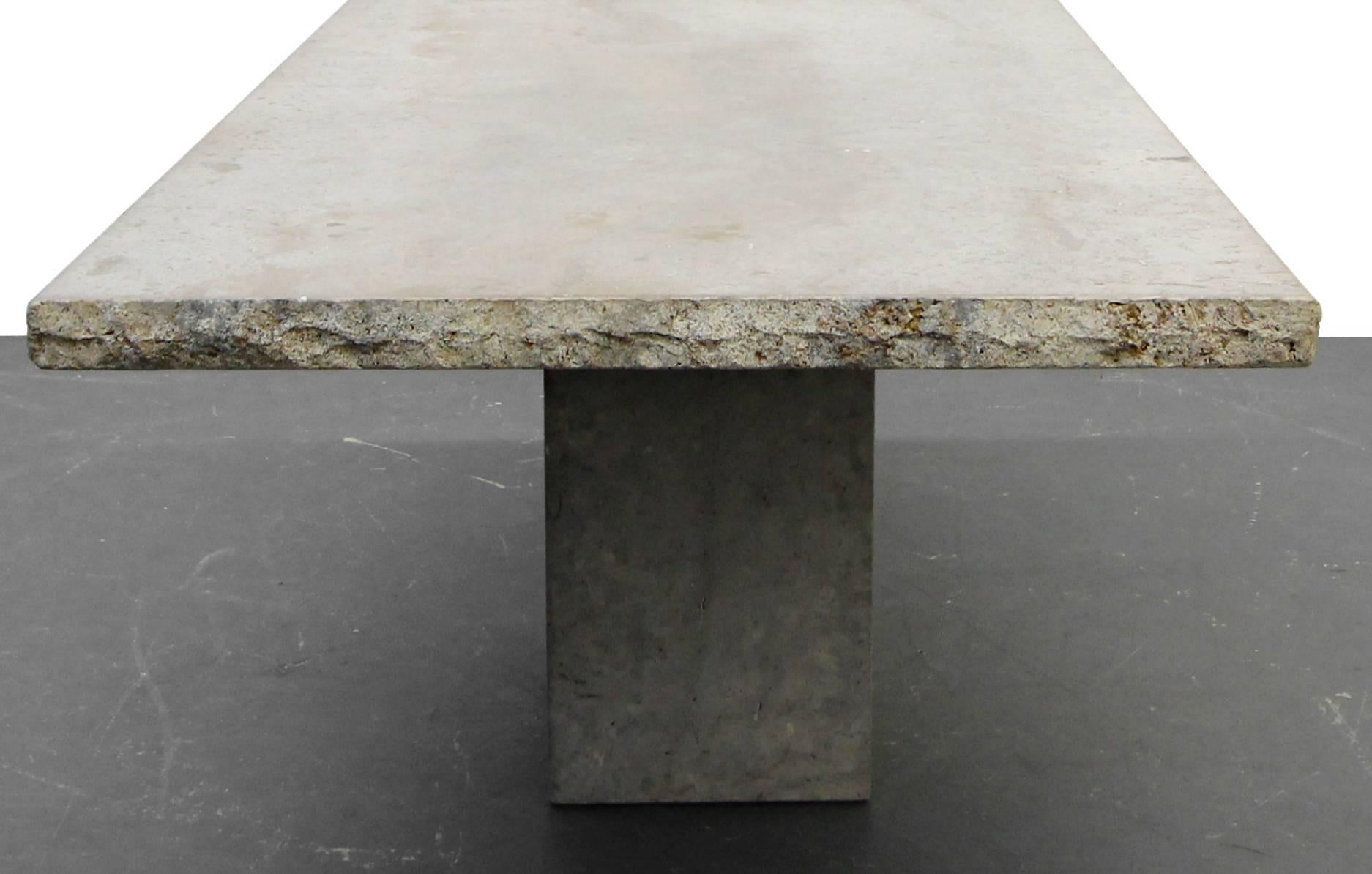 Polished Minimalist Italian Travertine Concrete Industrial Pedestal Dining Table