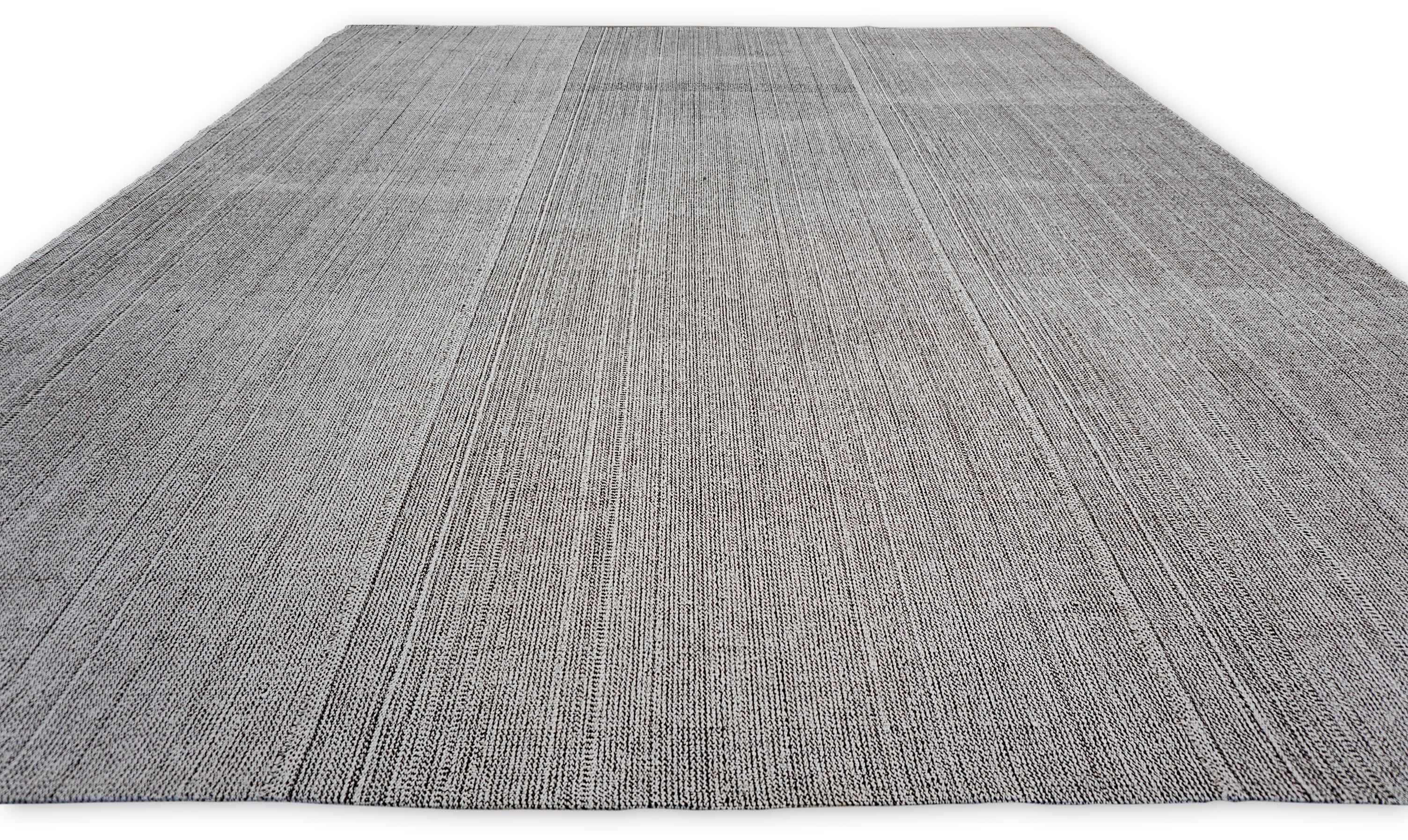 Turkish Minimalist Ivory Brown Grey Wool Flatweave Rug 10'4''x12'4'' For Sale