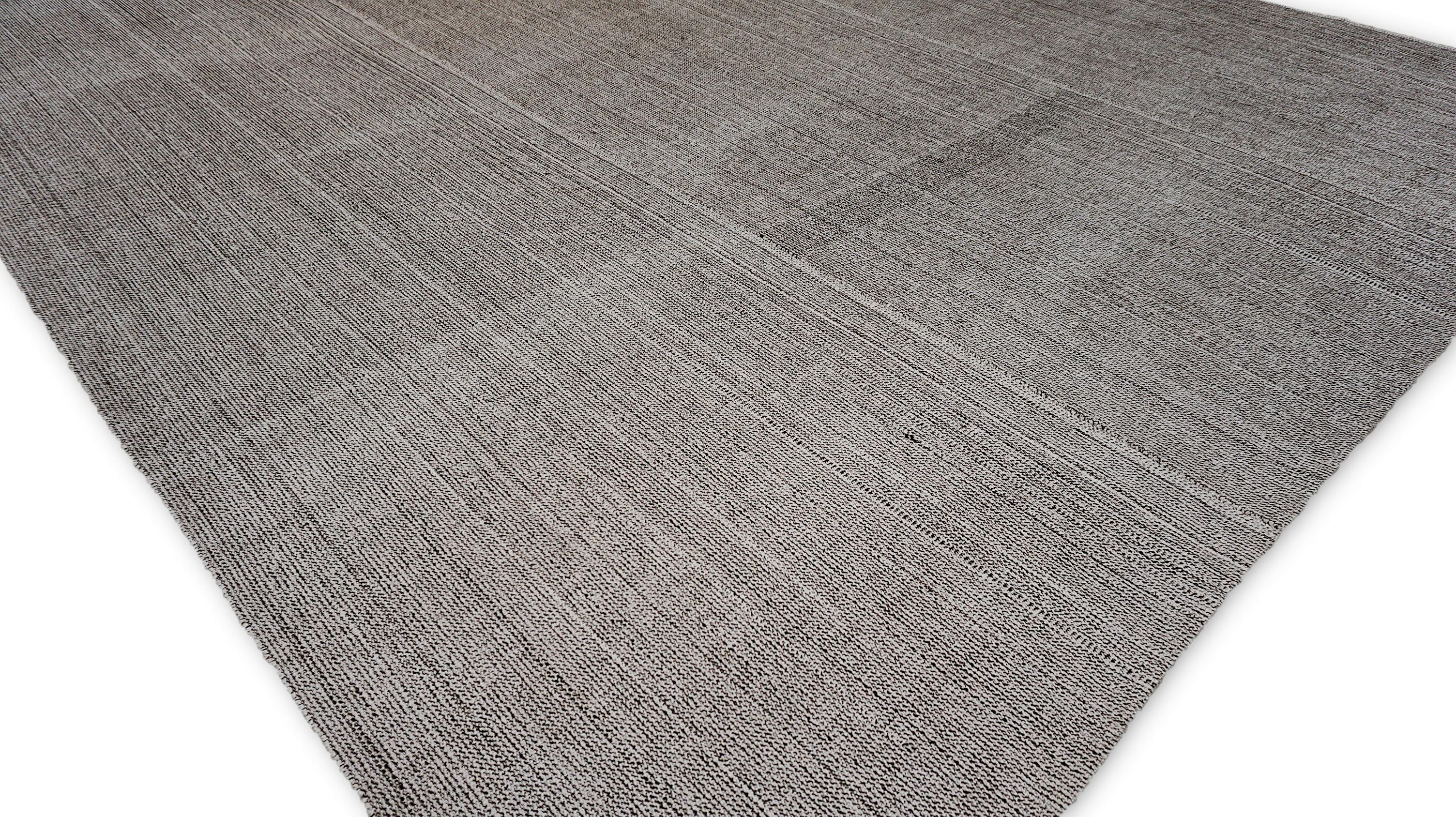 Hand-Woven Minimalist Ivory Brown Grey Wool Flatweave Rug 10'4''x12'4'' For Sale
