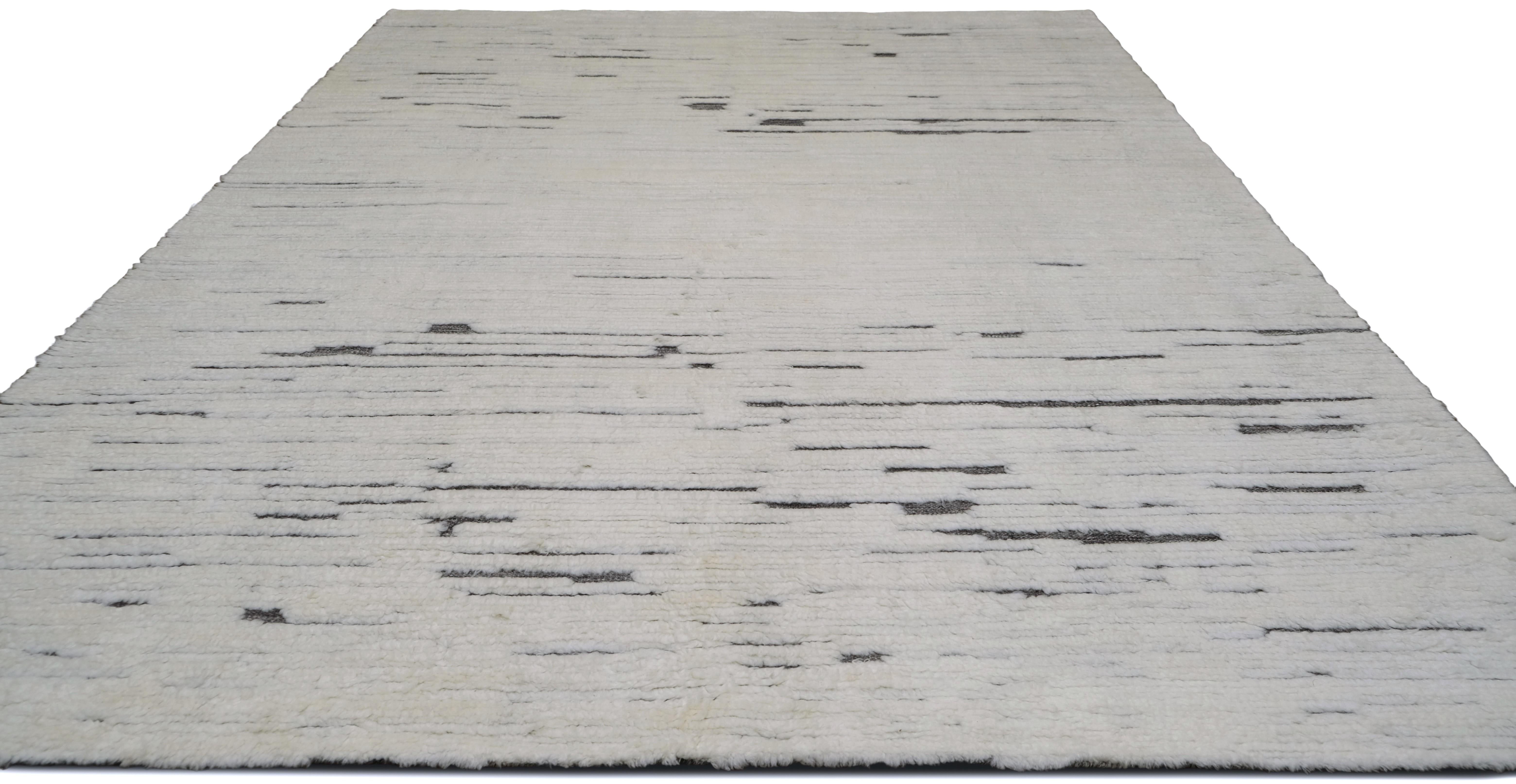 Minimalistischer elfenbeinfarbener, linear gestalteter, weicher Wollteppich 9'1''x12'1'' (Asiatisch) im Angebot