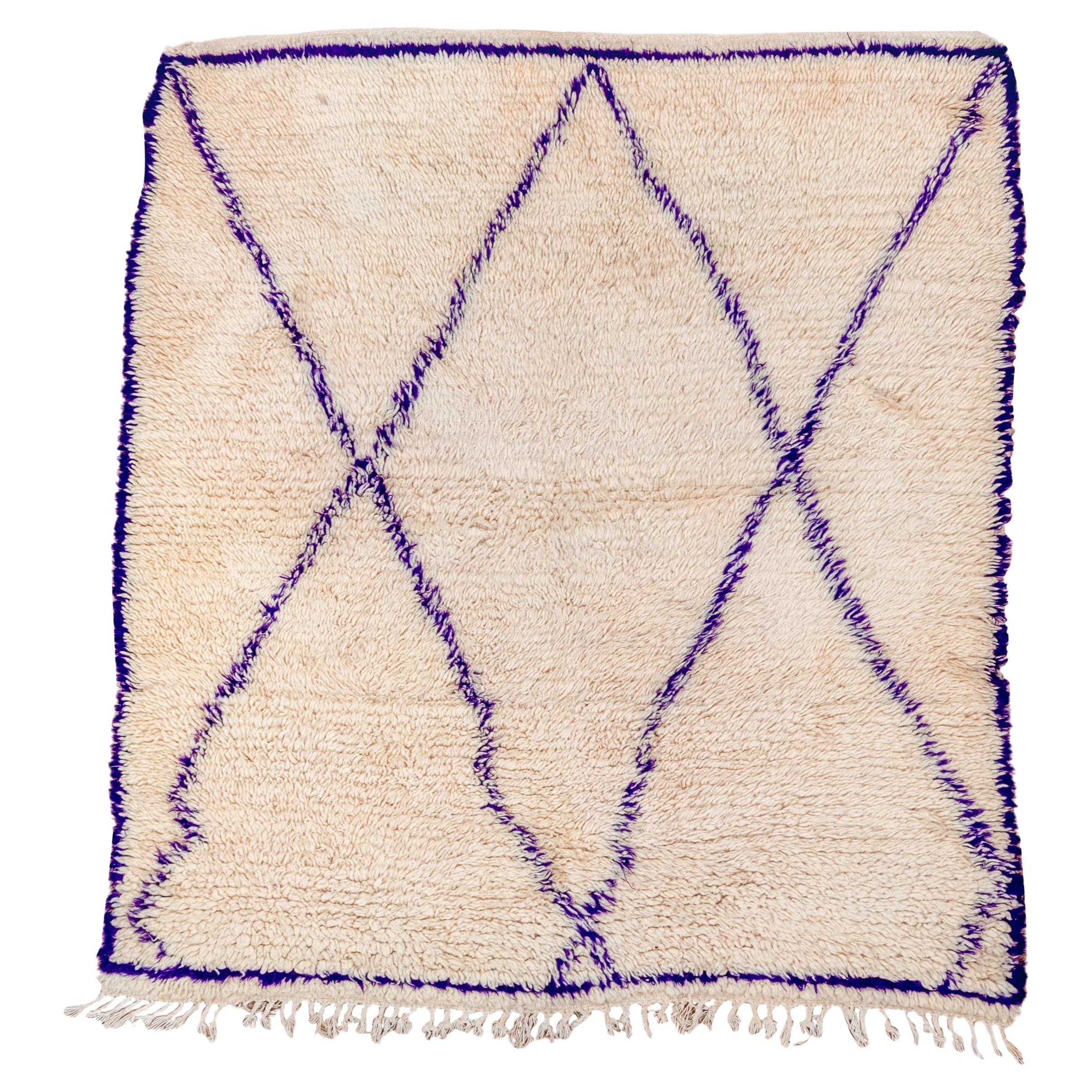 Minimalist Ivory and Purple Beni Ourain Square Rug, circa 1960s For Sale