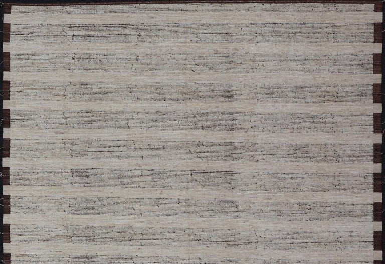 Minimalist Large Modern Rug in Ivory Pile and Brown Color Foundation