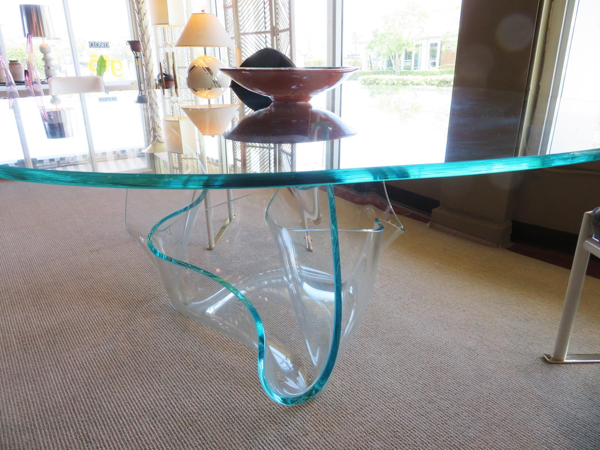 Minimalist Laurel Fyfe Glass Handkerchief Shaped Base Dining Table Amorphic Top  6