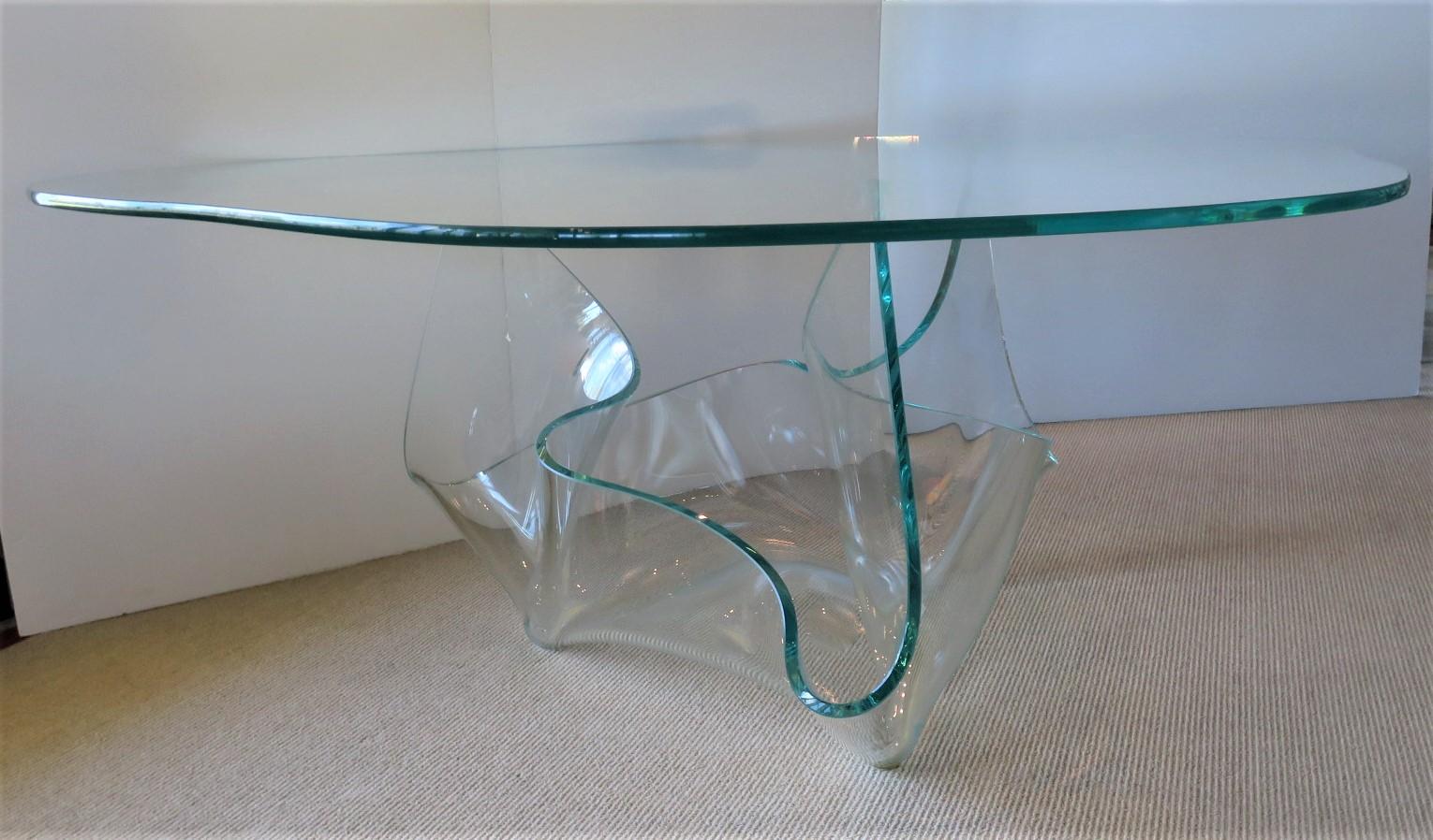 Post-Modern Minimalist Laurel Fyfe Glass Handkerchief Shaped Base Dining Table Amorphic Top 