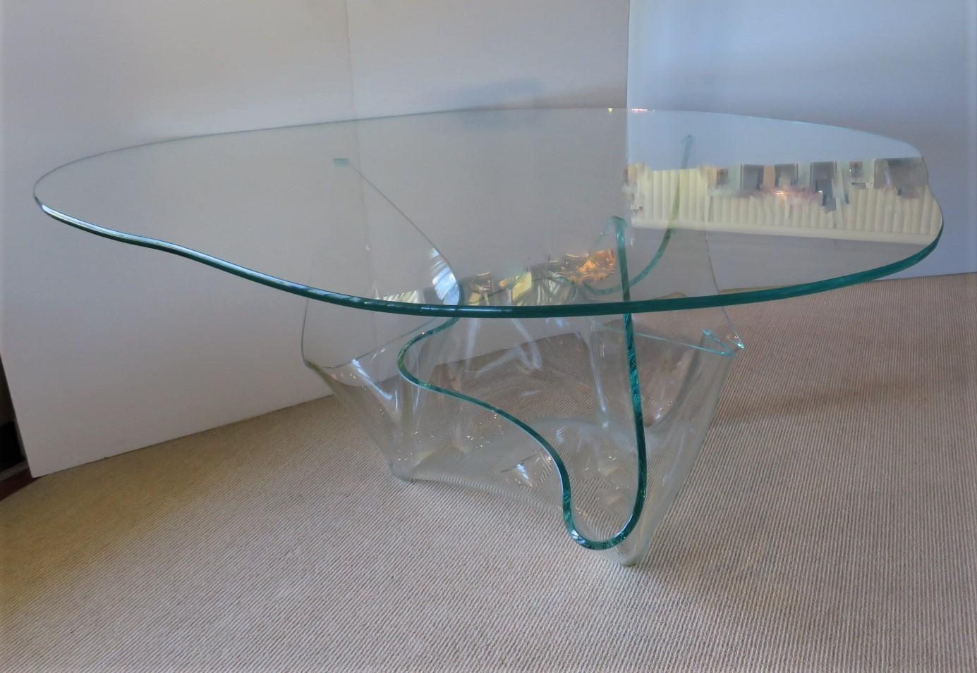 American Minimalist Laurel Fyfe Glass Handkerchief Shaped Base Dining Table Amorphic Top 