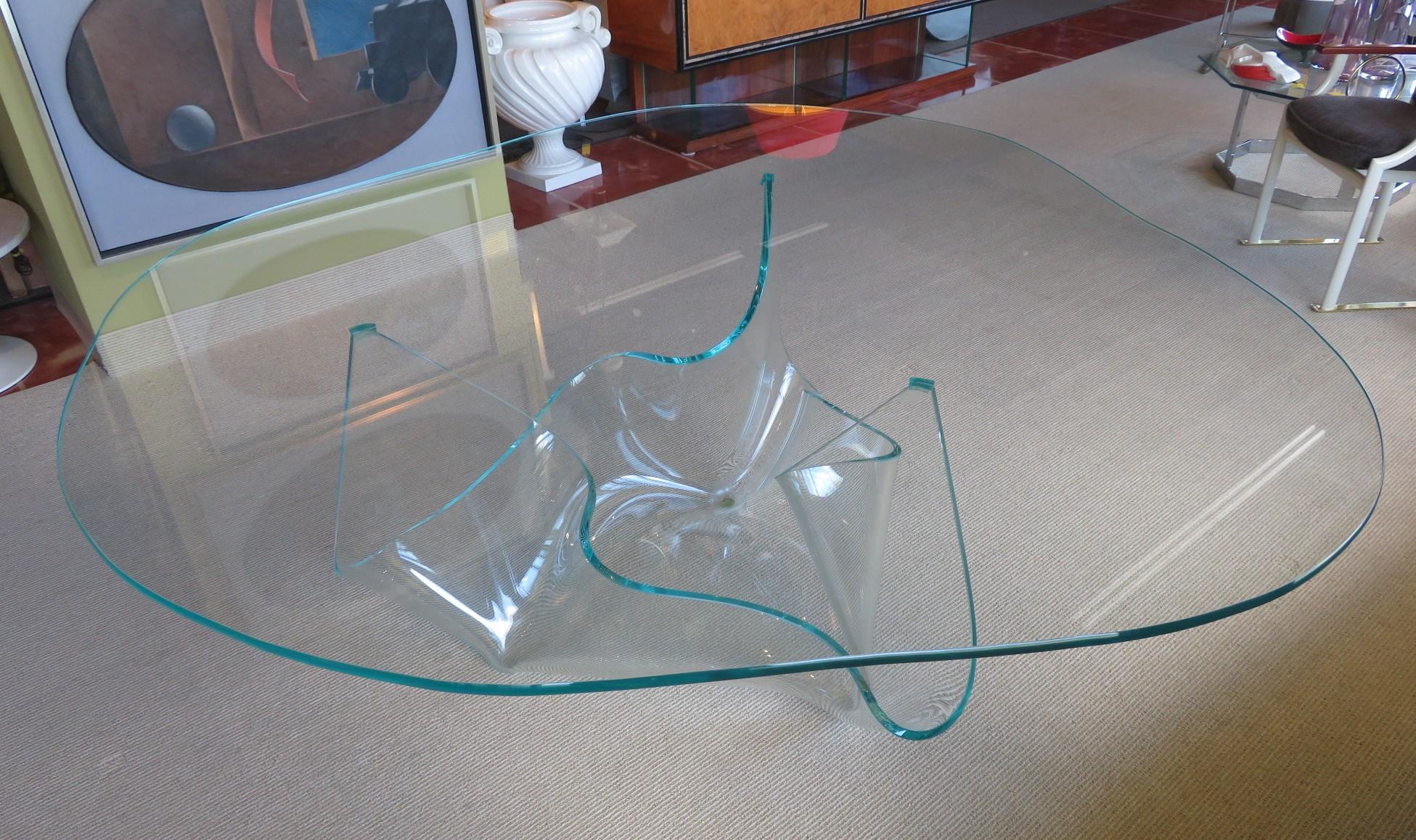 Minimalist Laurel Fyfe Glass Handkerchief Shaped Base Dining Table Amorphic Top  2