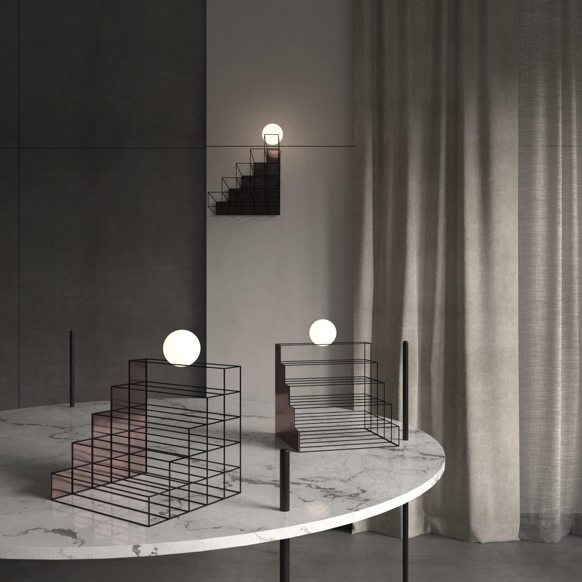 Moderne Minimalist Led Table Lamp Sculptural Geometric Art Objects Objects Stairs 60x65x78 cm en vente