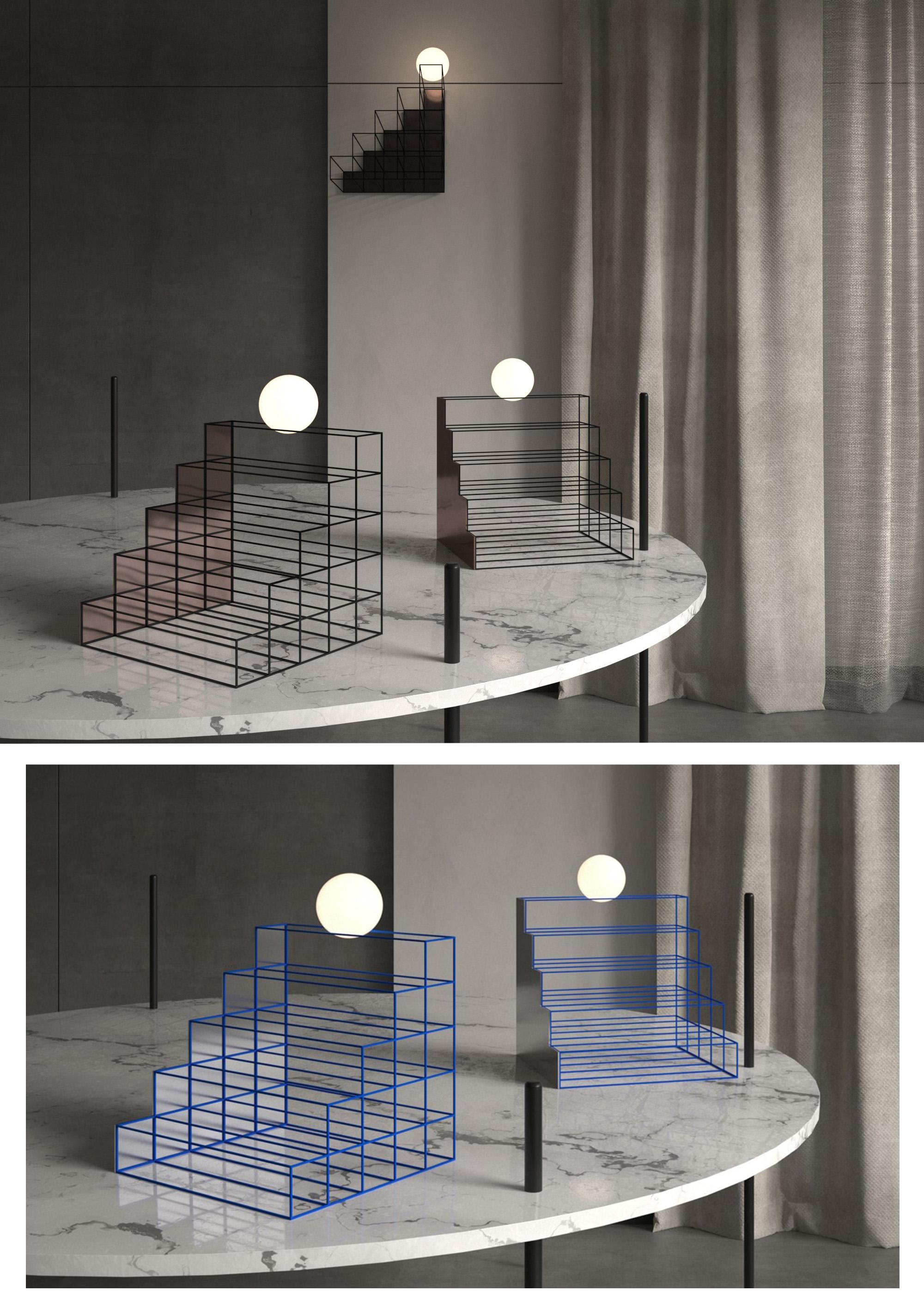 Ferronnerie Minimalist Led Table Lamp Sculptural Geometric Art Objects Objects Stairs 60x65x78 cm en vente