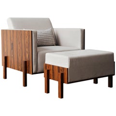 Minimalist "Lina" armchair with Ottoman, in natural wood and upholstered fabric
