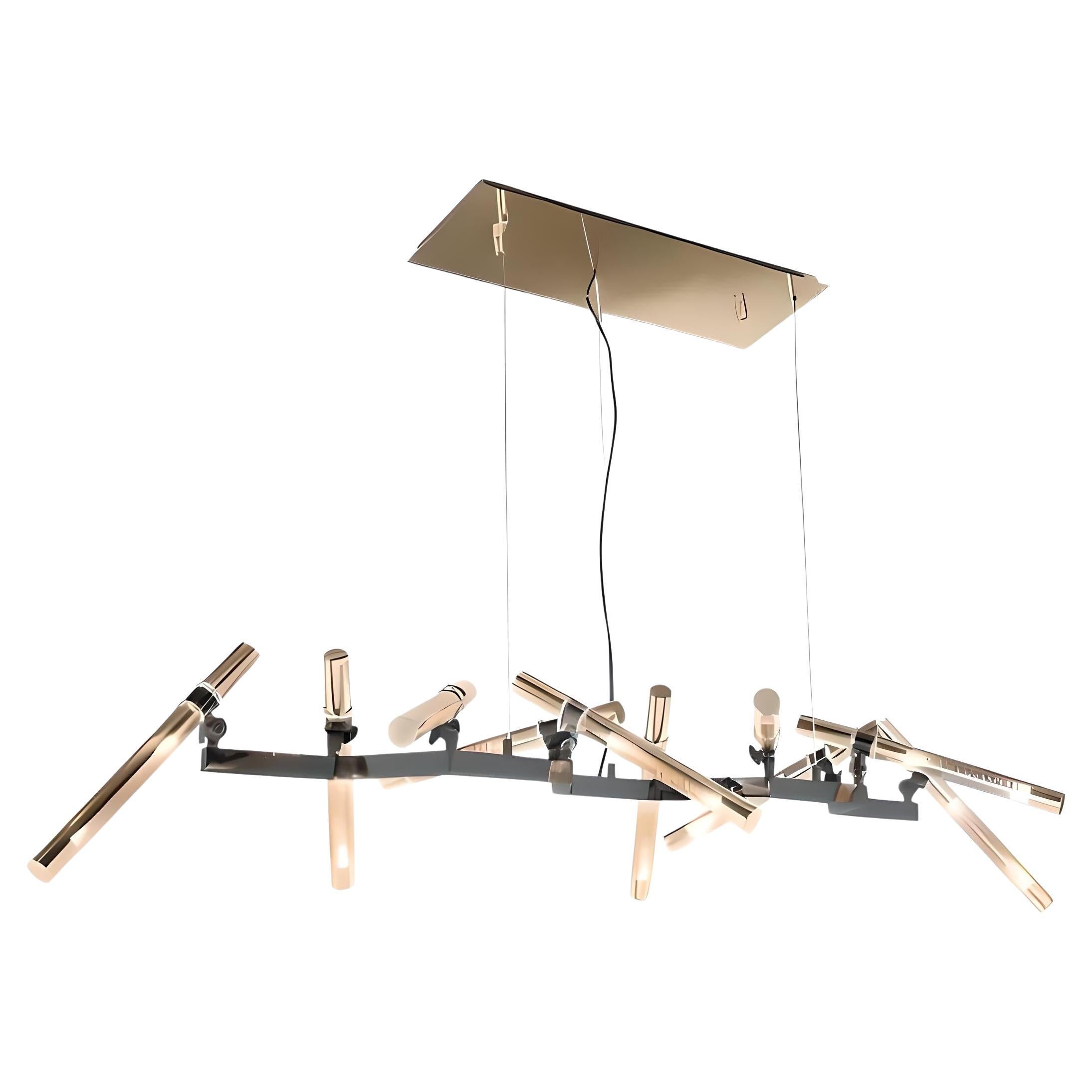 Lampadario lineare minimalista realizzato interamente in ottone con finitura in nichel nero