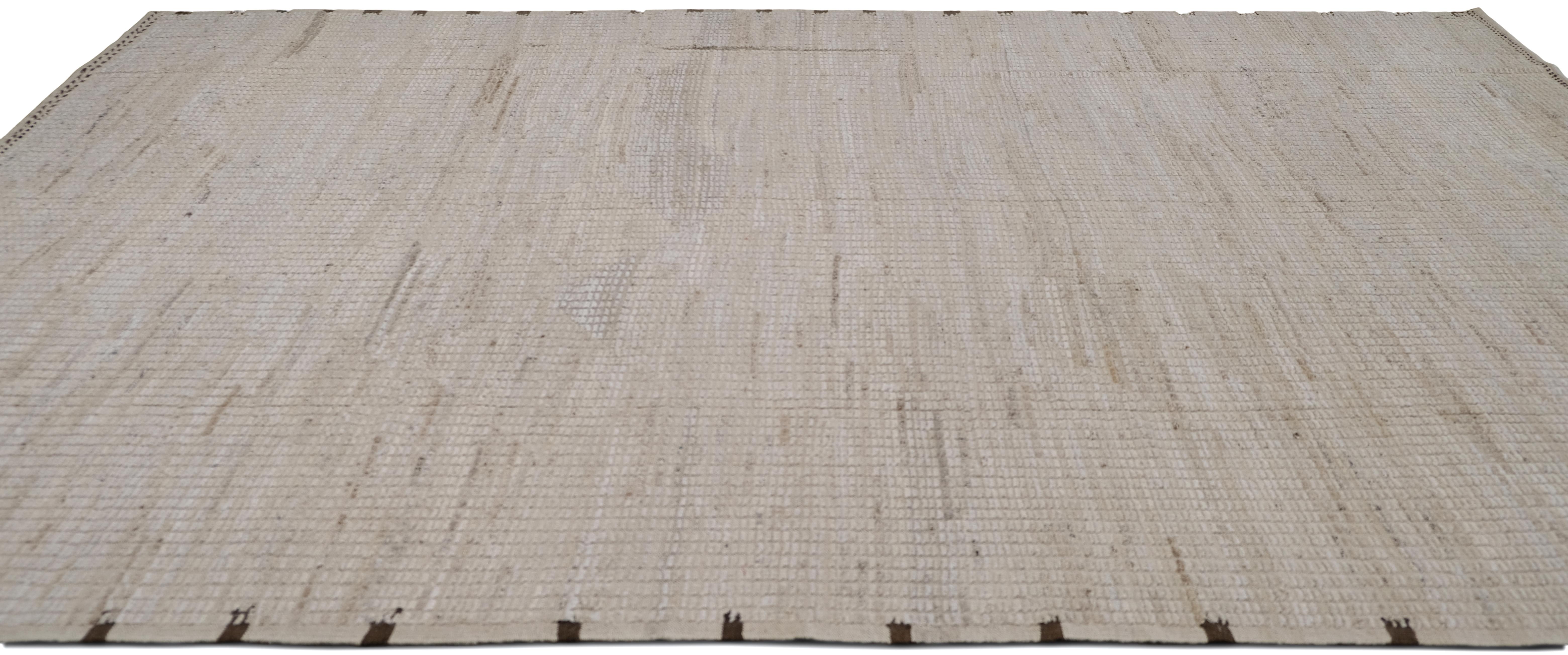 Minimalistischer Wollteppich mit linearem Muster und neutralen Texturdetails 9'4''x12'9'' (Skandinavische Moderne) im Angebot