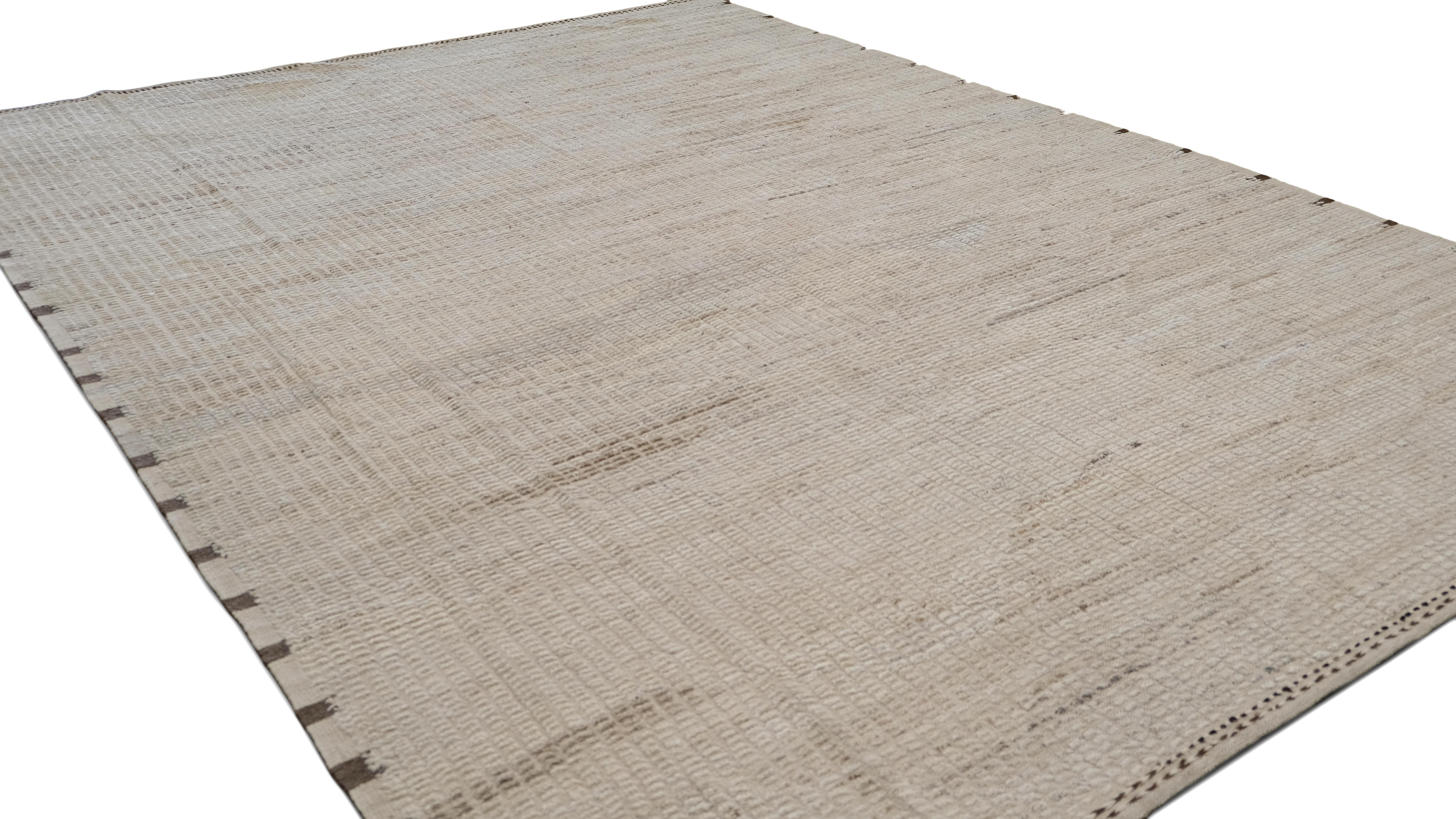Minimalistischer Wollteppich mit linearem Muster und neutralen Texturdetails 9'4''x12'9'' (Handgeknüpft) im Angebot