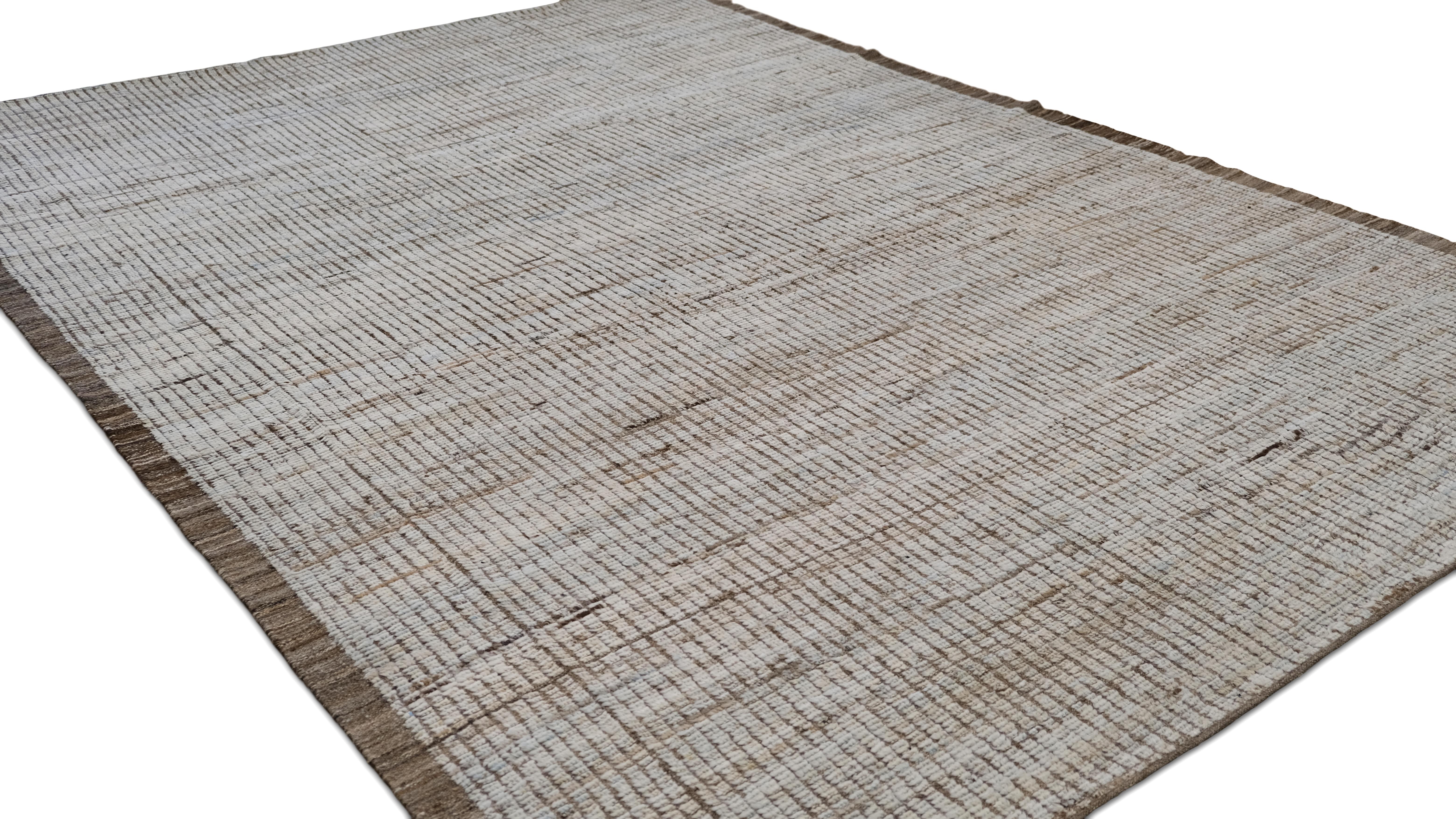 Minimalistischer linearer Teppich aus erdfarbener Wolle mit strukturierten Details 8'9''x12'4'' (Handgeknüpft) im Angebot