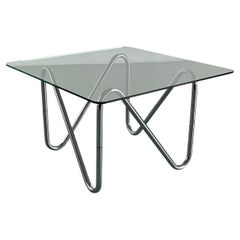 Minimalist Linear Tubular Steel and Glass Club Table, Retro Bauhaus