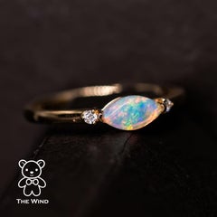 Minimalist Marquise Australian Solid Opal Diamond Ring 18K Yellow Gold