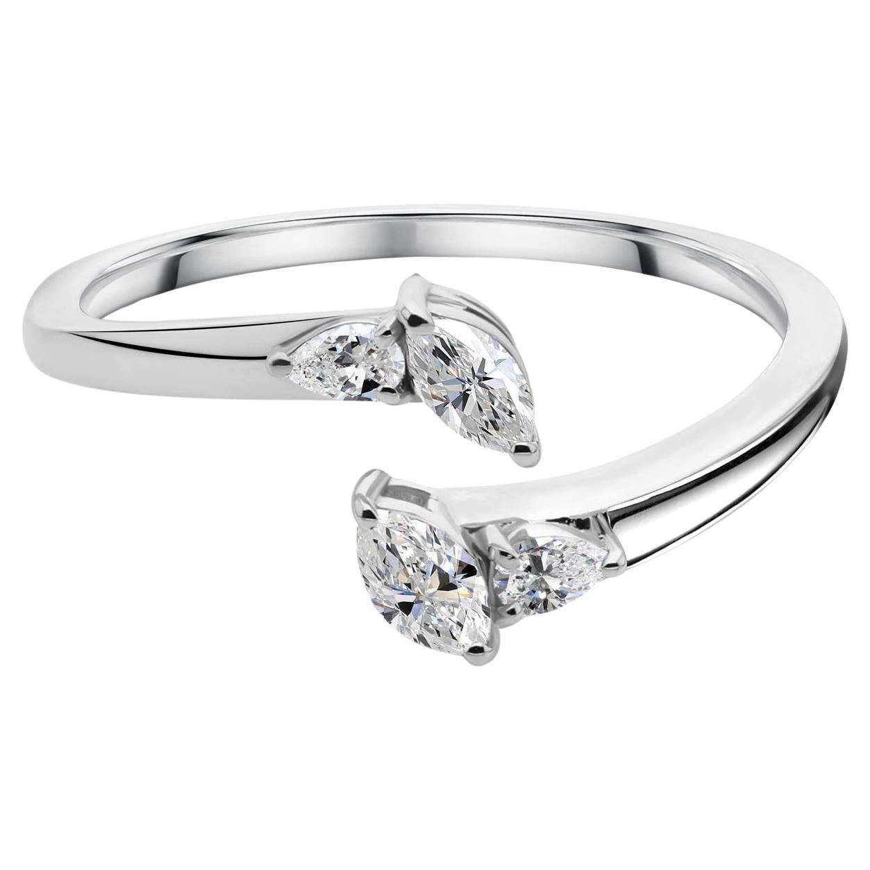 Minimalist Marquise Cut SI/H Diamond Open Bypass Ring 18K White Gold Jewelry