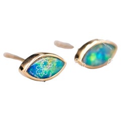 Minimalist Marquise Shaped Australian Doublet Opal Stud Earrings 18K Yellow Gold