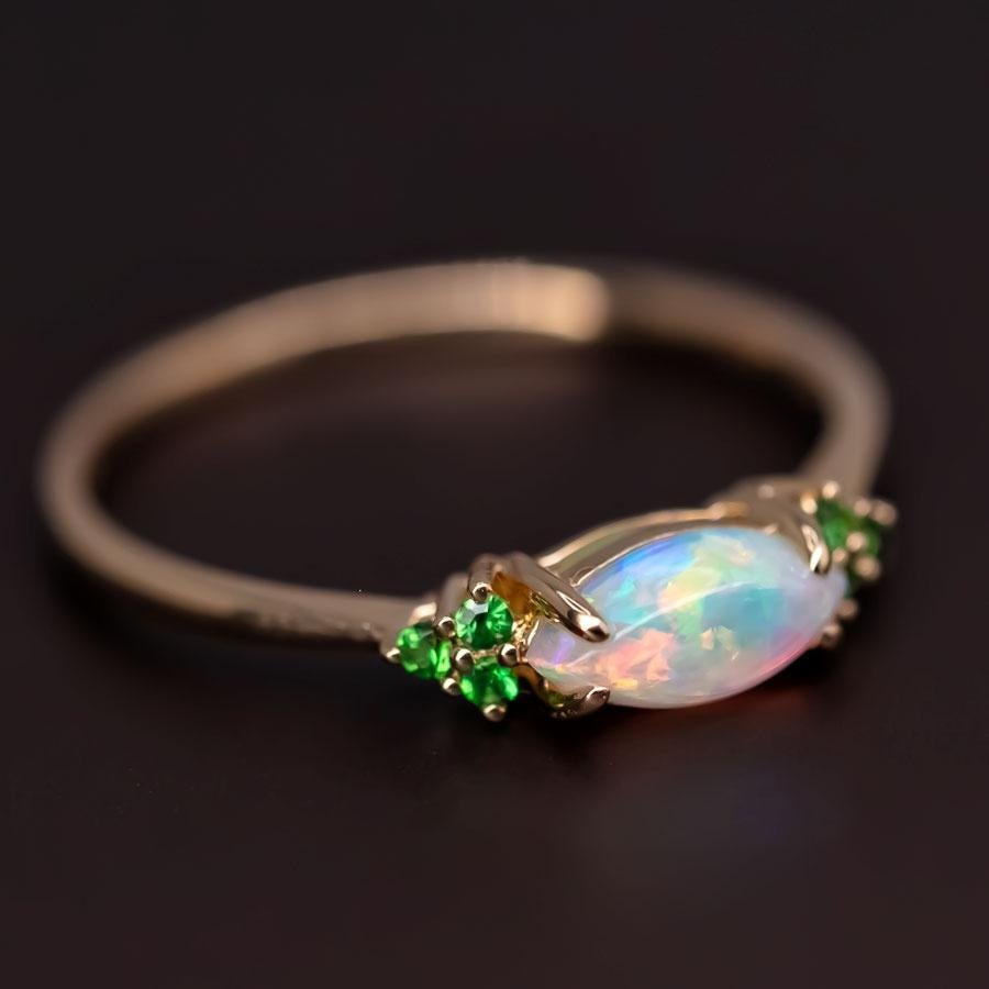 Marquise Cut Minimalist Marquise Solid Opal Tsavorite Engagement Ring 18K Yellow Gold For Sale