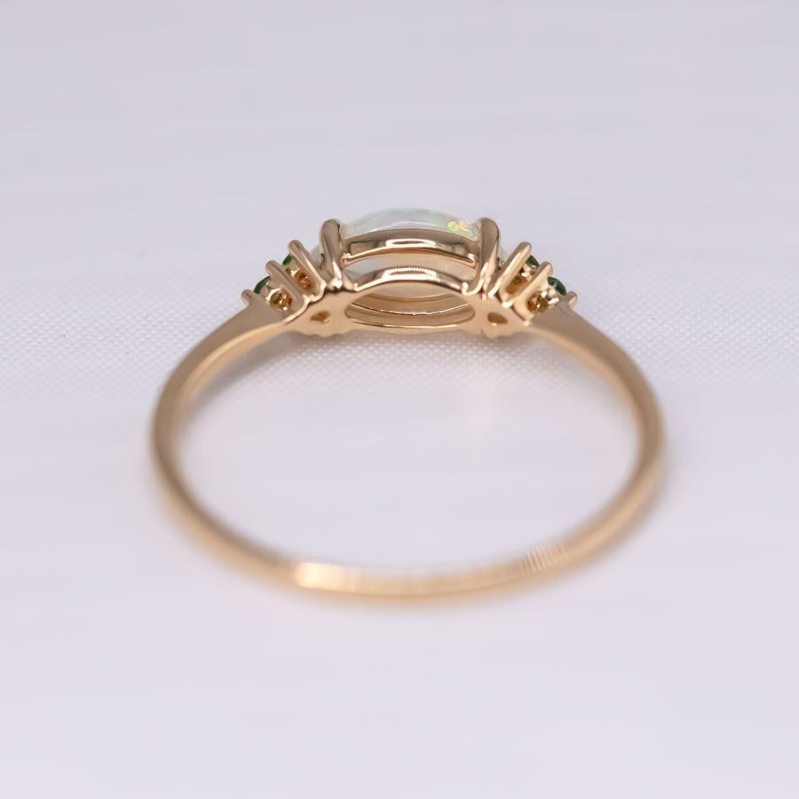 Women's or Men's Minimalist Marquise Solid Opal Tsavorite Engagement Ring 18K Yellow Gold For Sale