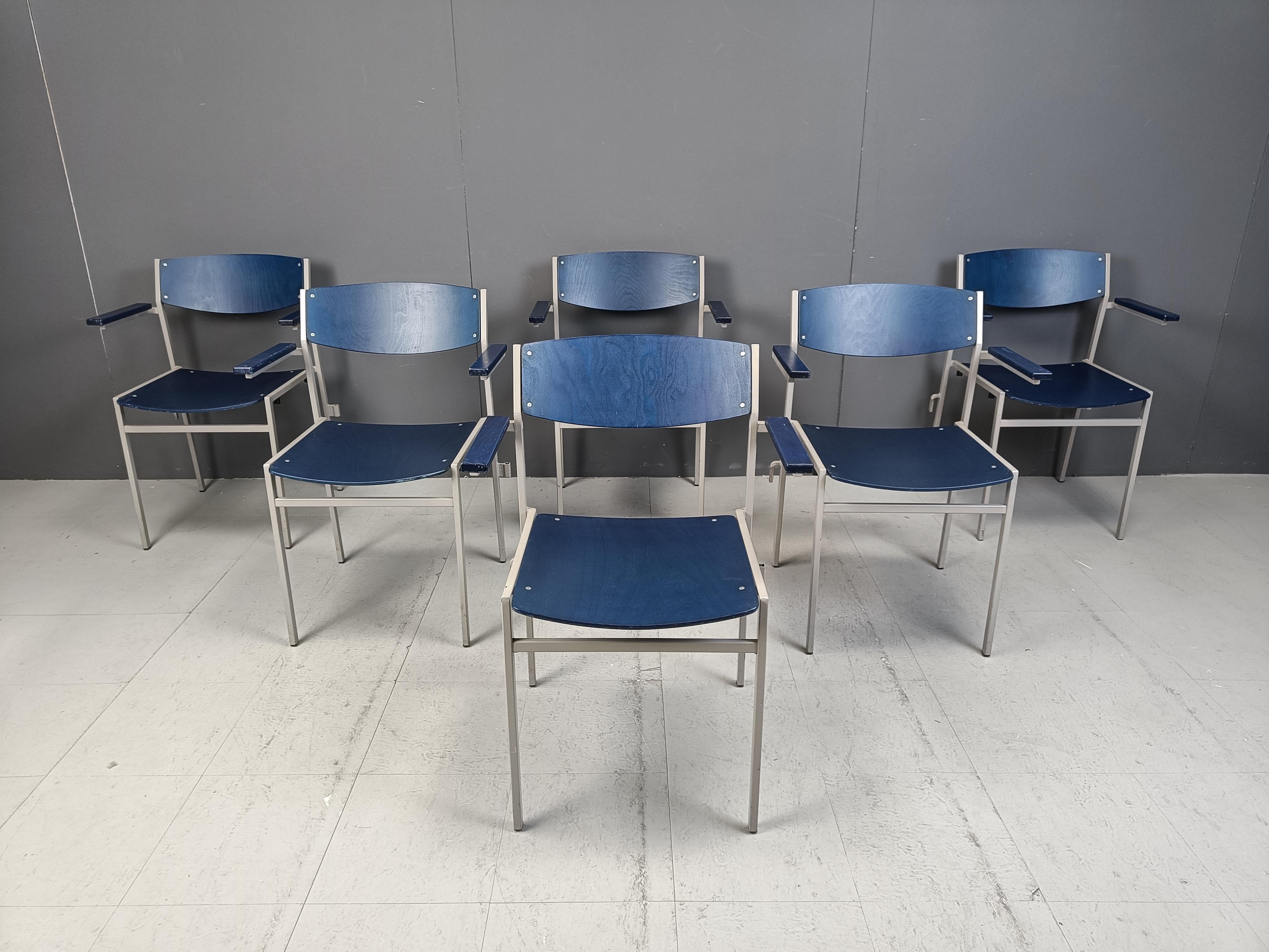 Dutch Minimalist Metal and Plywood Stackable Armchairs by Gijs Van Der Sluis, Set of 6 For Sale
