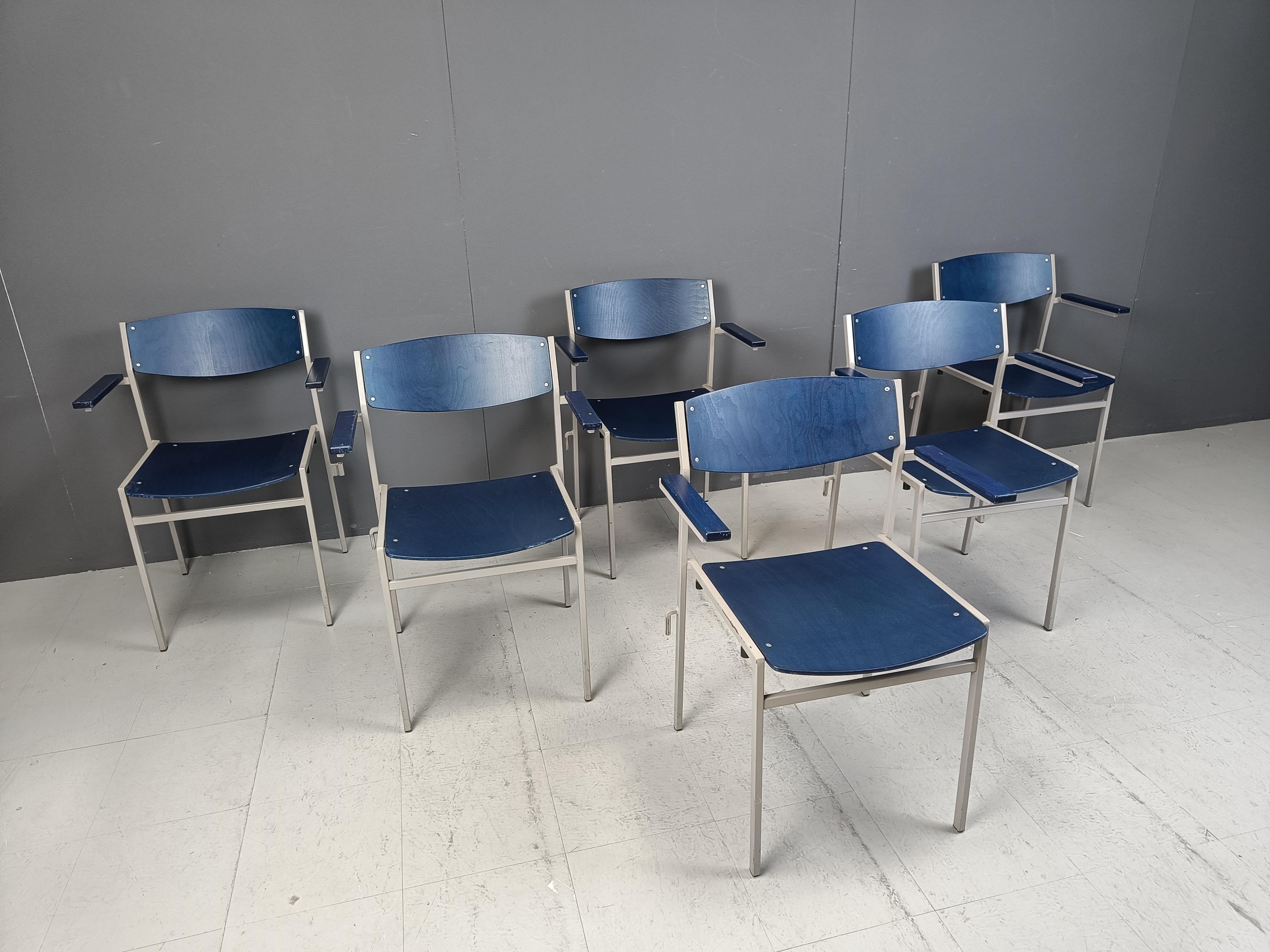 Minimalist Metal and Plywood Stackable Armchairs by Gijs Van Der Sluis, Set of 6 (Niederländisch) im Angebot