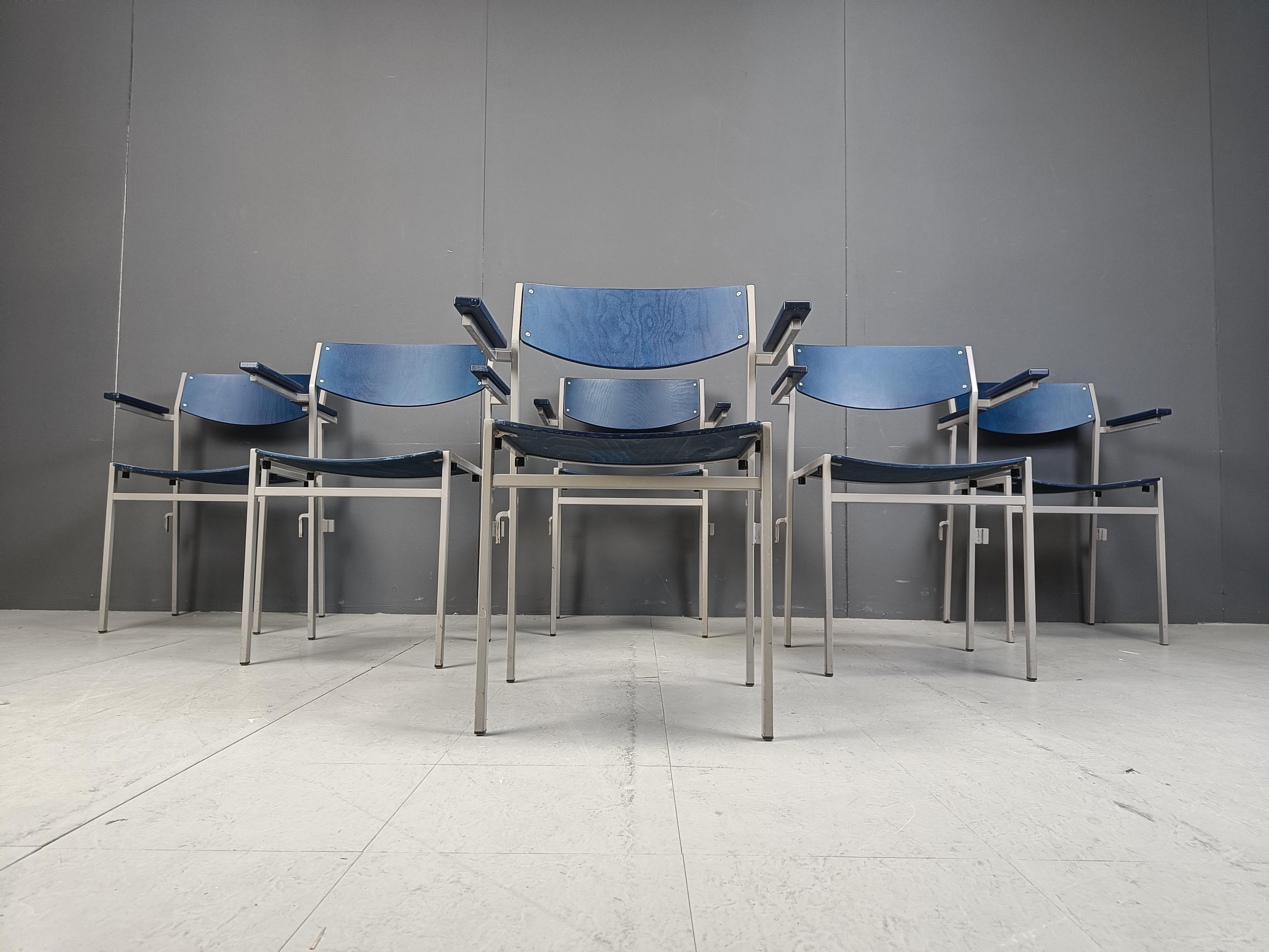 Mid-20th Century Minimalist Metal and Plywood Stackable Armchairs by Gijs Van Der Sluis, Set of 6 For Sale