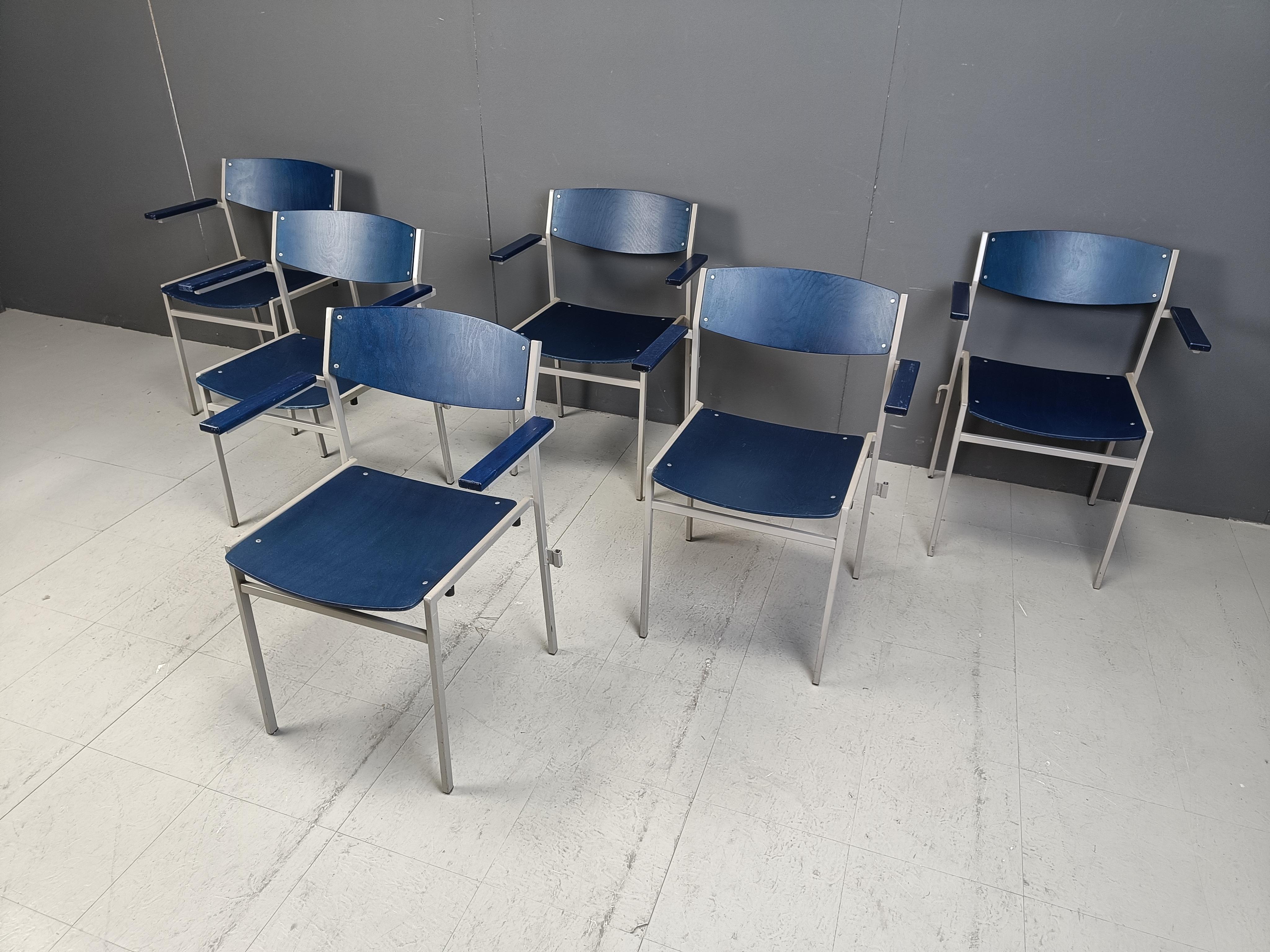 Minimalist Metal and Plywood Stackable Armchairs by Gijs Van Der Sluis, Set of 6 For Sale 1