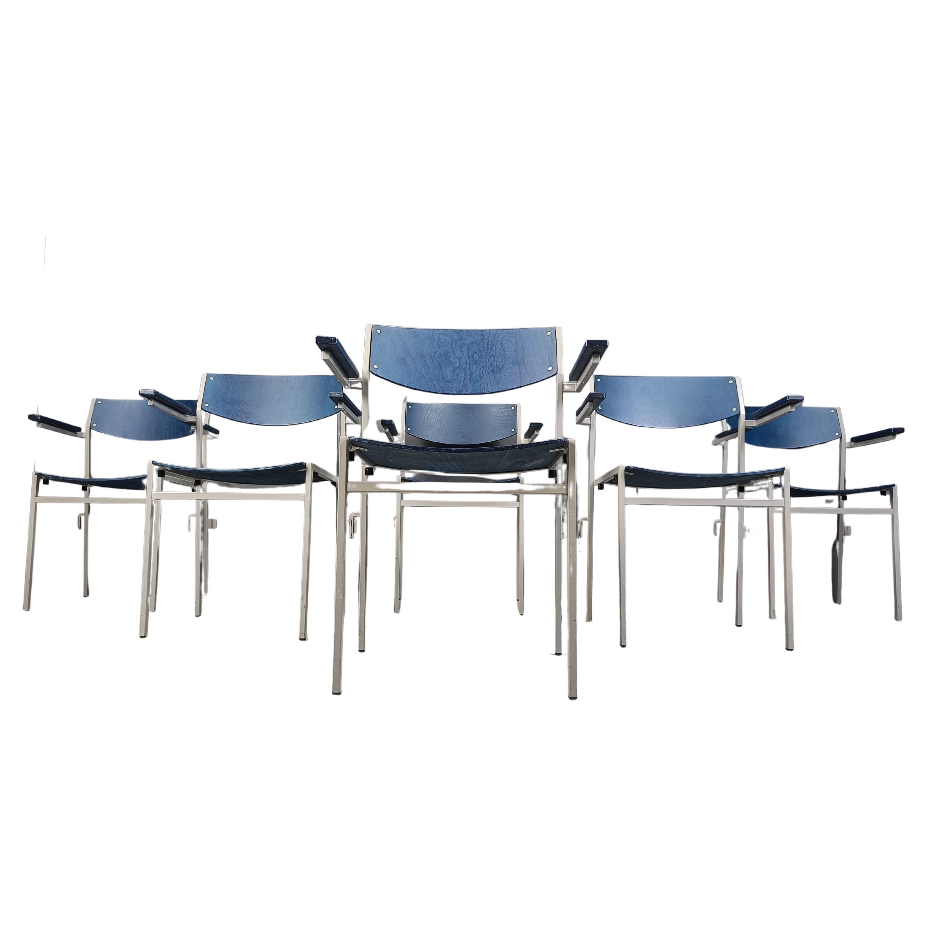 Minimalist Metal and Plywood Stackable Armchairs by Gijs Van Der Sluis, Set of 6 im Angebot