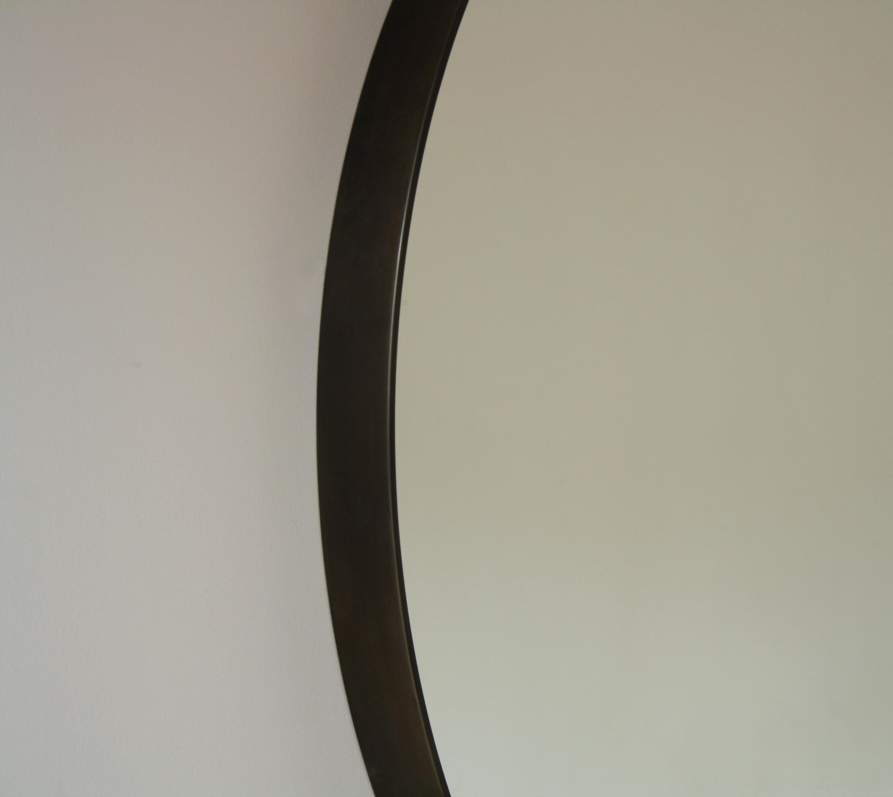 Beveled Minimalist Metal Framed Round Mirror in Blackened Steel Handmade by Laylo Studio For Sale